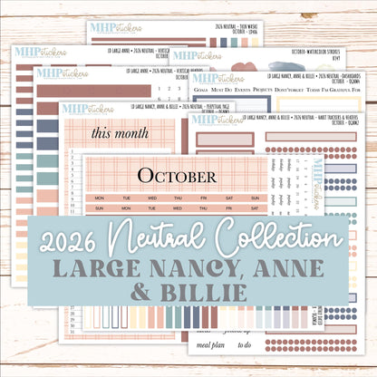 OCTOBER 2026 Neutral Collection Stickers for the Large Nancy, Anne, & Billie Laurel Denise Planners || OGN