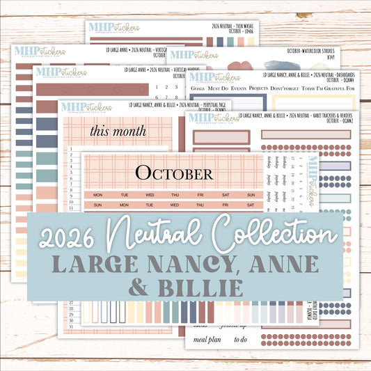 OCTOBER 2026 Neutral Collection Stickers for the Large Nancy, Anne, & Billie Laurel Denise Planners || OGN