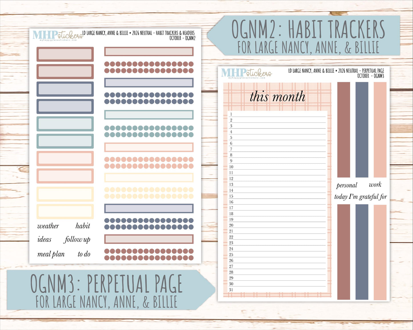 OCTOBER 2026 Neutral Collection Stickers for the Large Nancy, Anne, & Billie Laurel Denise Planners || OGN
