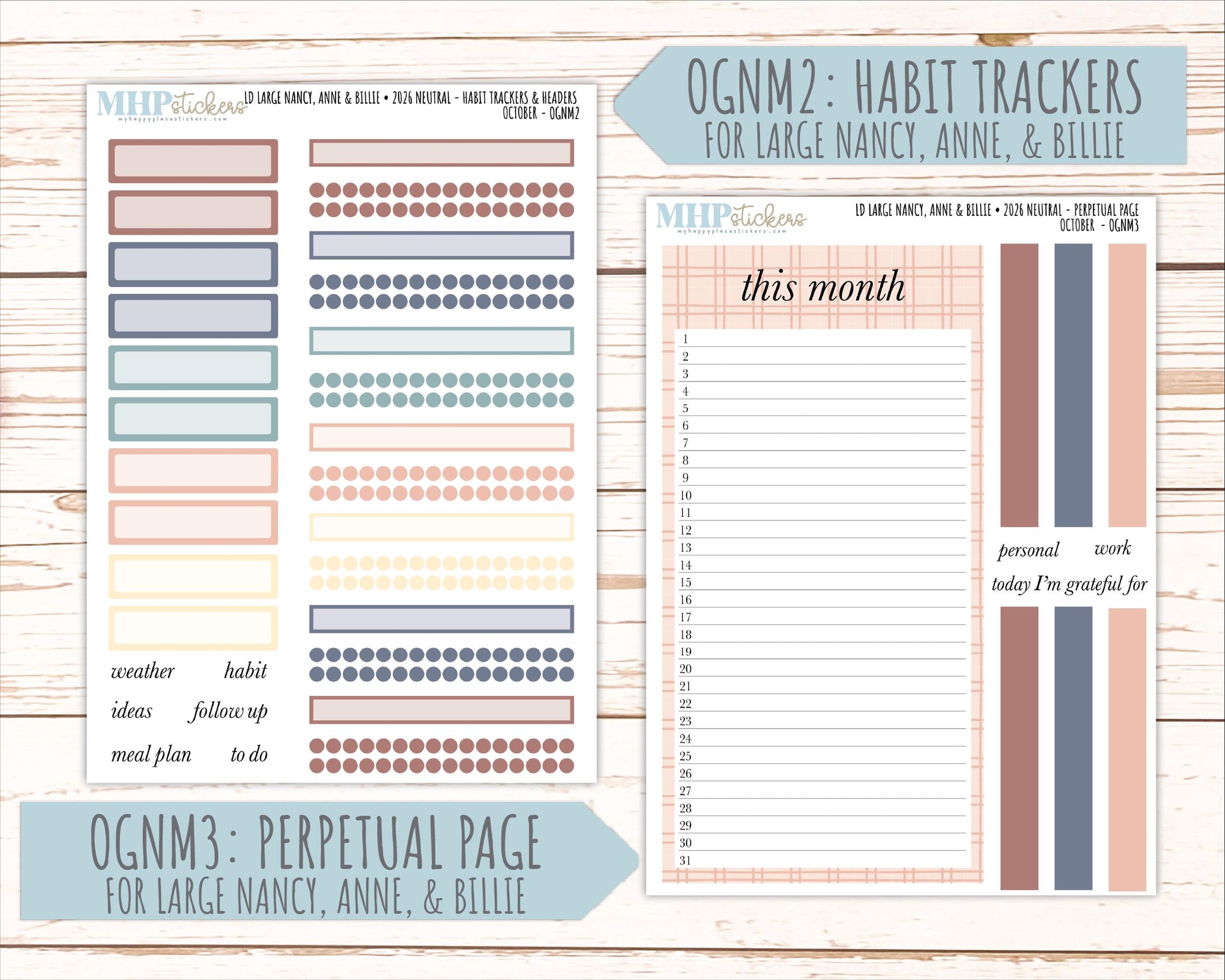 OCTOBER 2026 Neutral Collection Stickers for the Large Nancy, Anne, & Billie Laurel Denise Planners || OGN