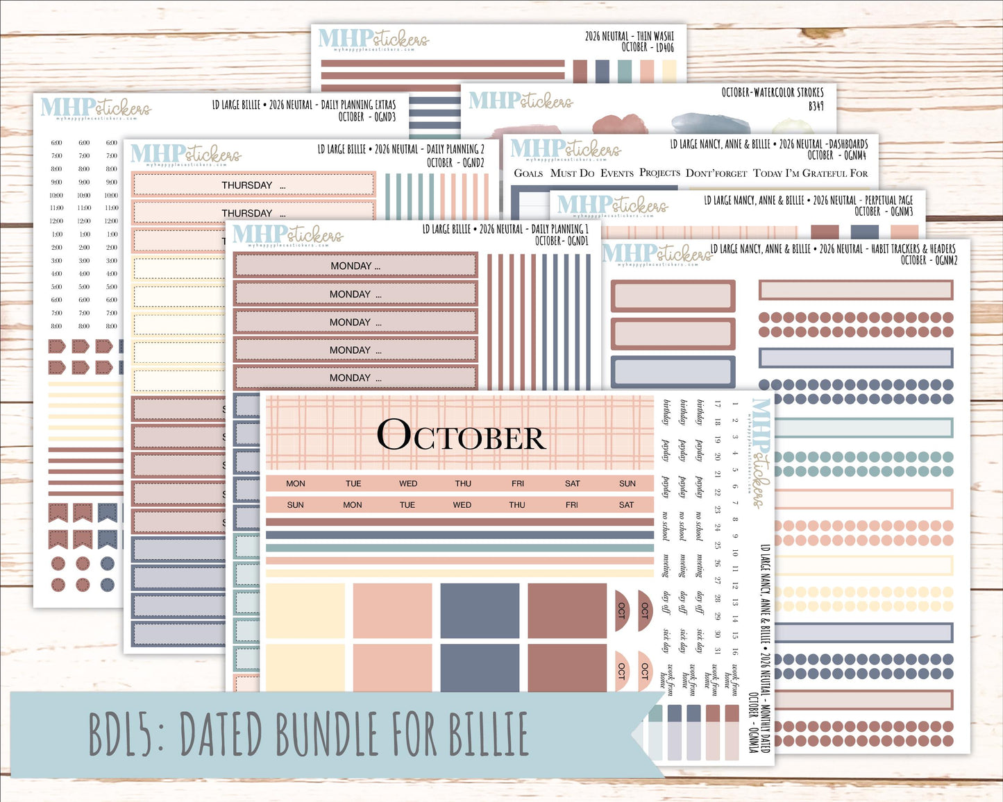 OCTOBER 2026 Neutral Collection Stickers for the Large Nancy, Anne, & Billie Laurel Denise Planners || OGN