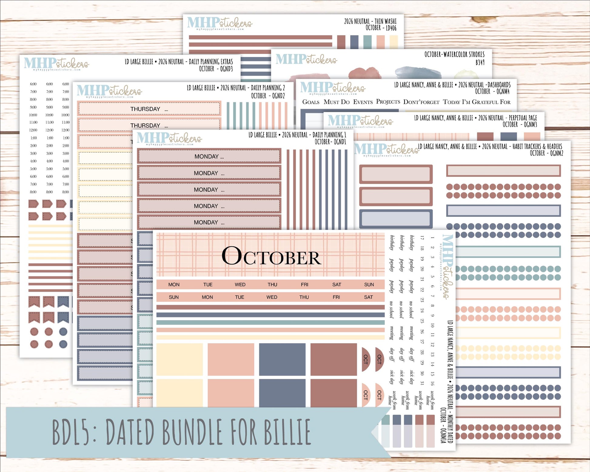 OCTOBER 2026 Neutral Collection Stickers for the Large Nancy, Anne, & Billie Laurel Denise Planners || OGN