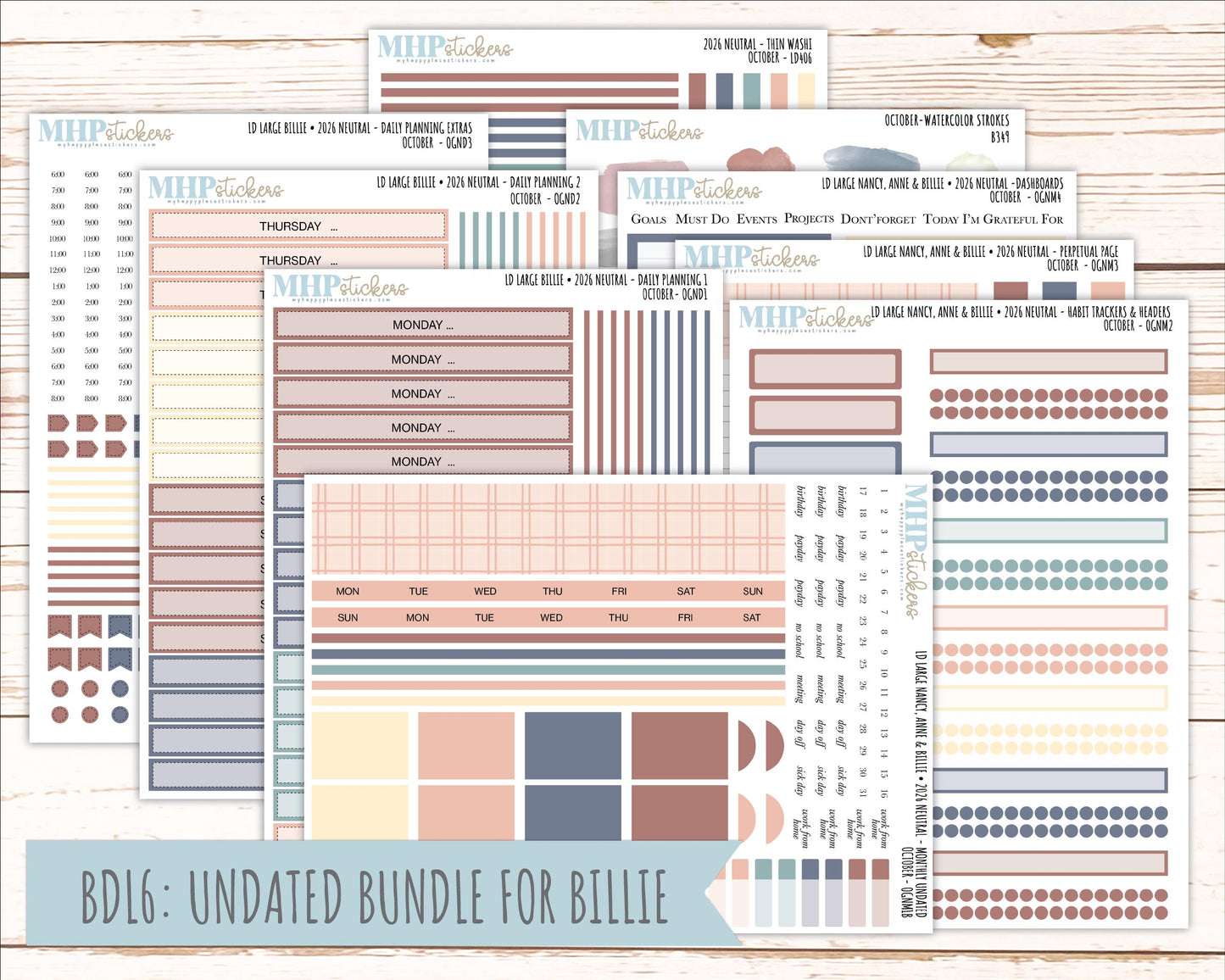 OCTOBER 2026 Neutral Collection Stickers for the Large Nancy, Anne, & Billie Laurel Denise Planners || OGN