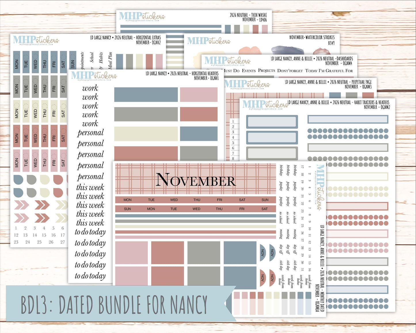 NOVEMBER 2026 Neutral Collection Stickers for the Large Nancy, Anne, & Billie Laurel Denise Planners || OGN