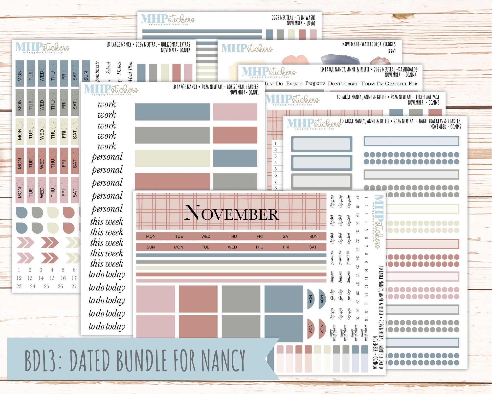 NOVEMBER 2026 Neutral Collection Stickers for the Large Nancy, Anne, & Billie Laurel Denise Planners || OGN