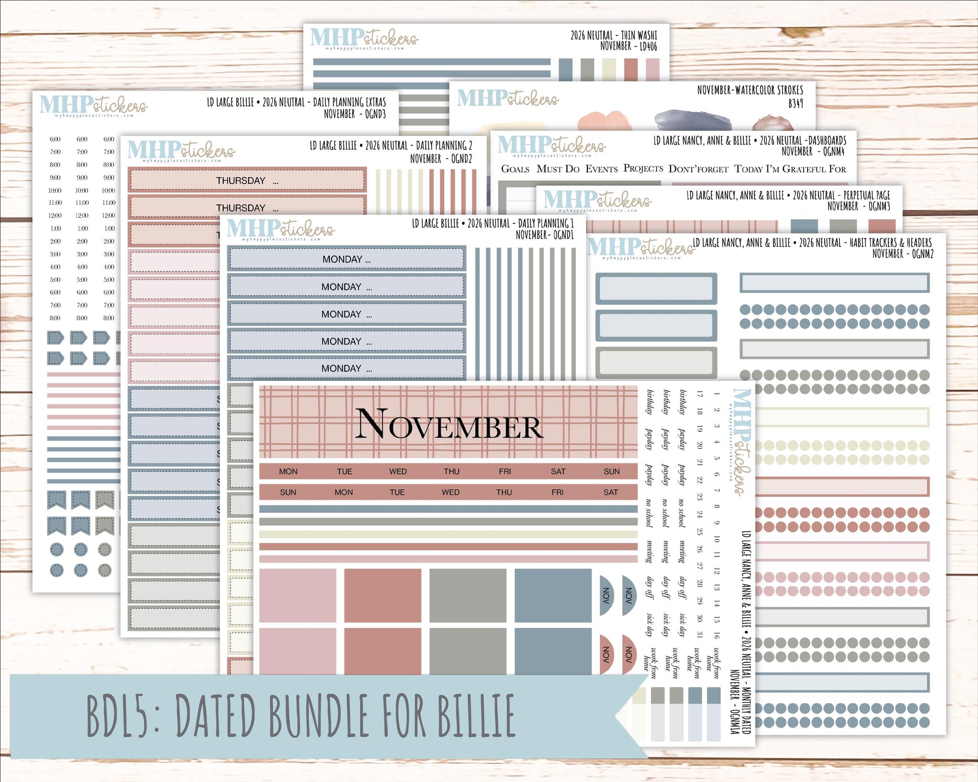 NOVEMBER 2026 Neutral Collection Stickers for the Large Nancy, Anne, & Billie Laurel Denise Planners || OGN