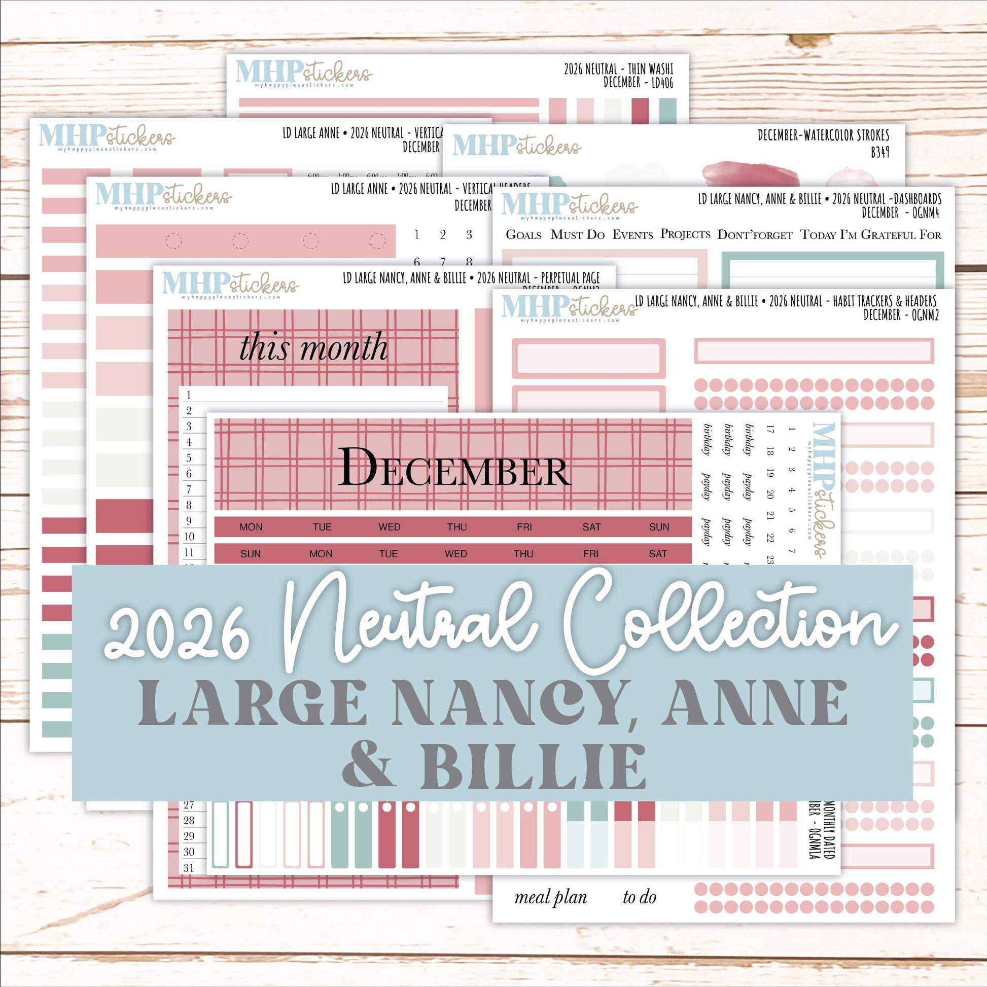 DECEMBER 2026 Neutral Collection Stickers for the Large Nancy, Anne, & Billie Laurel Denise Planners || OGN