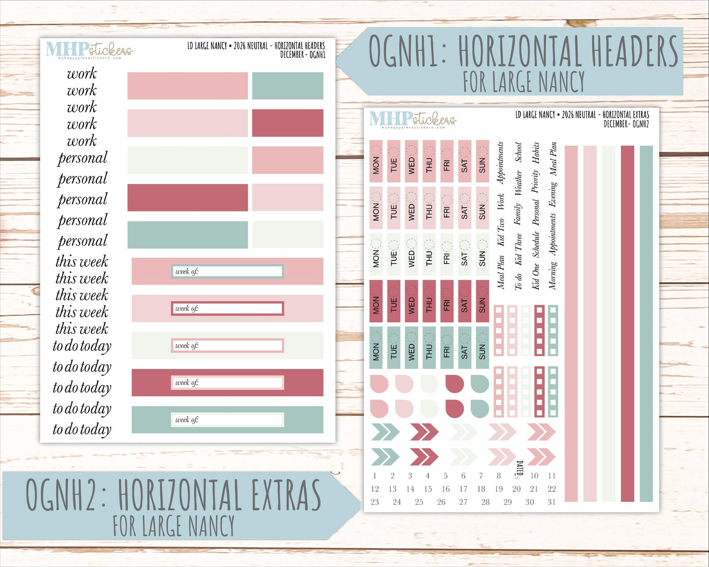 DECEMBER 2026 Neutral Collection Stickers for the Large Nancy, Anne, & Billie Laurel Denise Planners || OGN