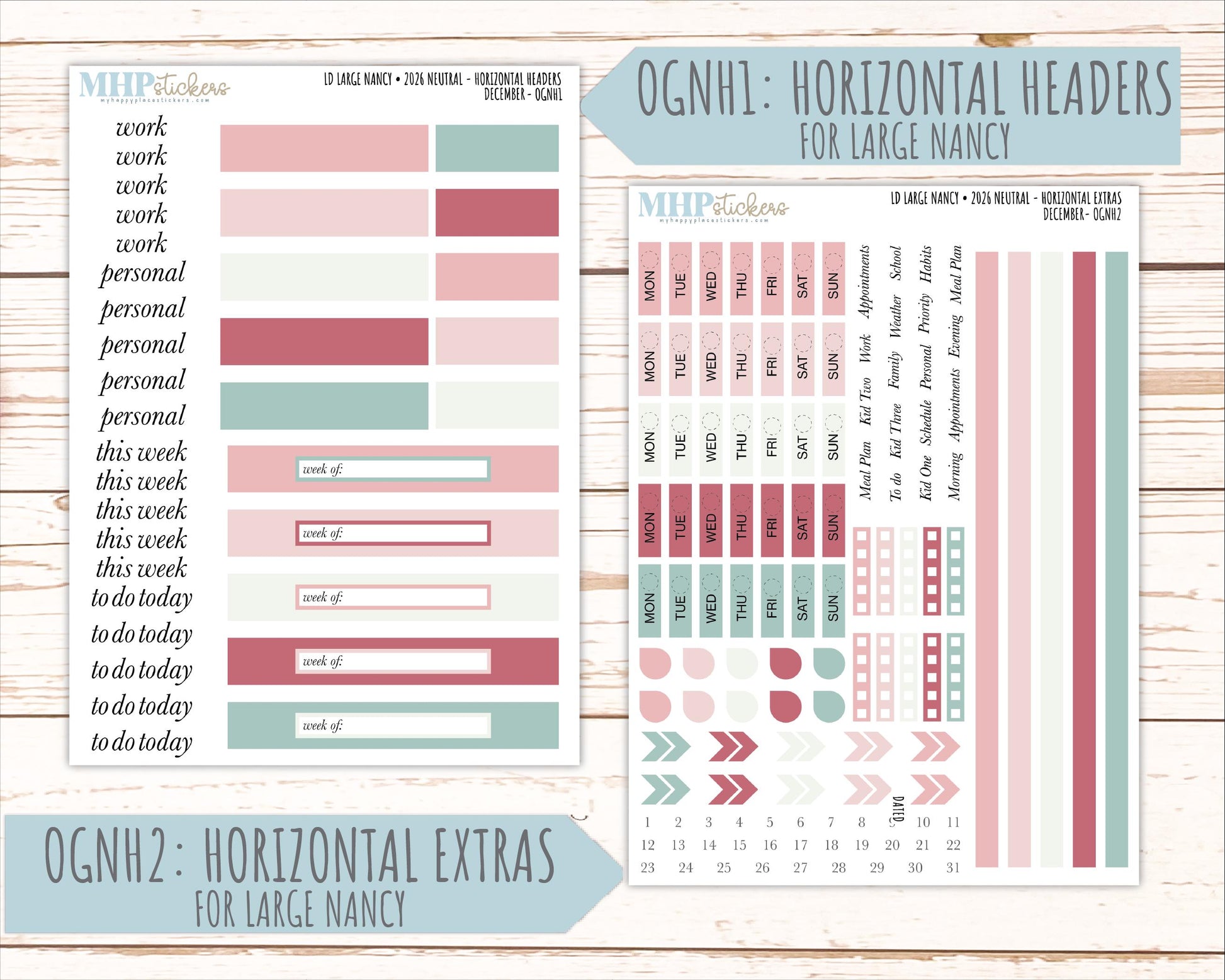 DECEMBER 2026 Neutral Collection Stickers for the Large Nancy, Anne, & Billie Laurel Denise Planners || OGN
