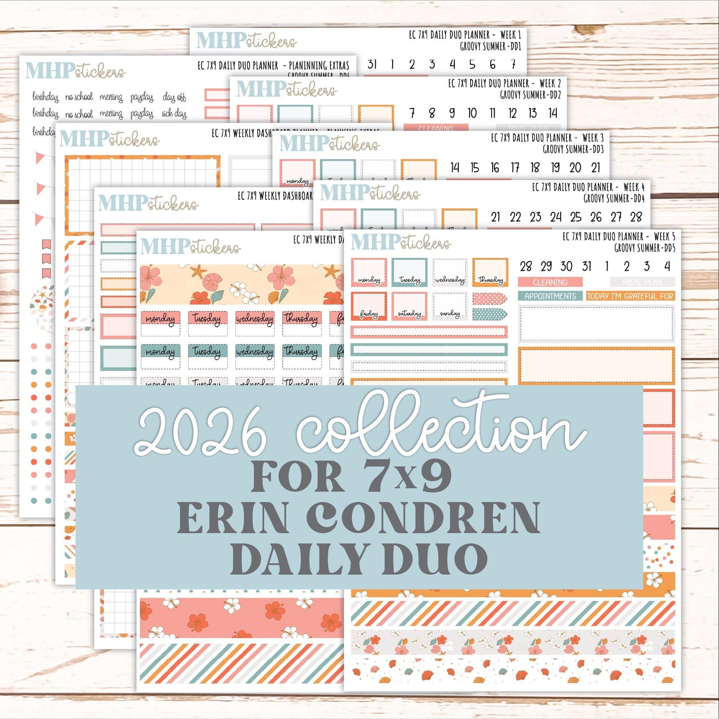 AUGUST Daily Duo Sticker Kit for 7x9 Erin Condren Planners. 2026 Collection "Groovy Summer"|| ECDD