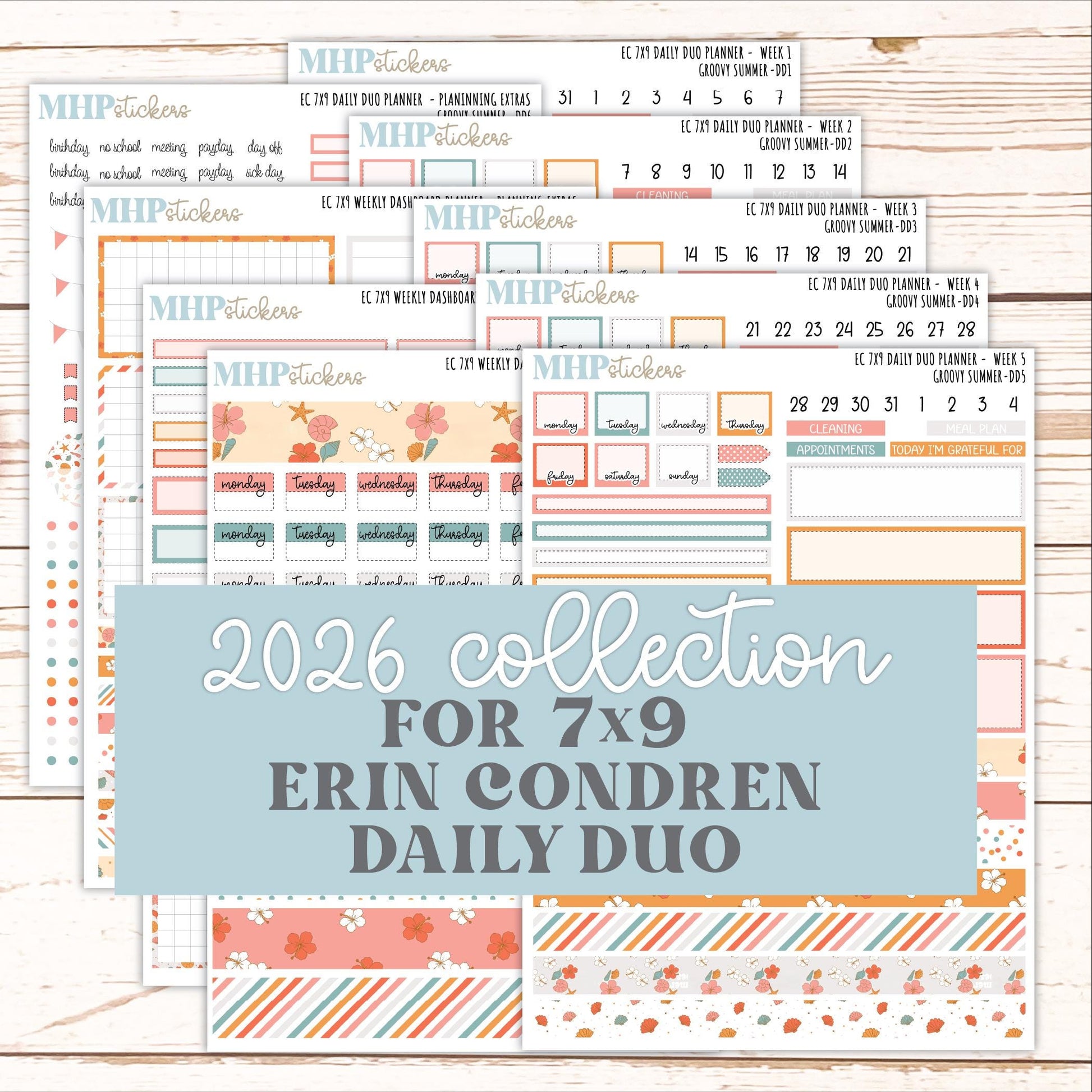 AUGUST Daily Duo Sticker Kit for 7x9 Erin Condren Planners. 2026 Collection "Groovy Summer"|| ECDD