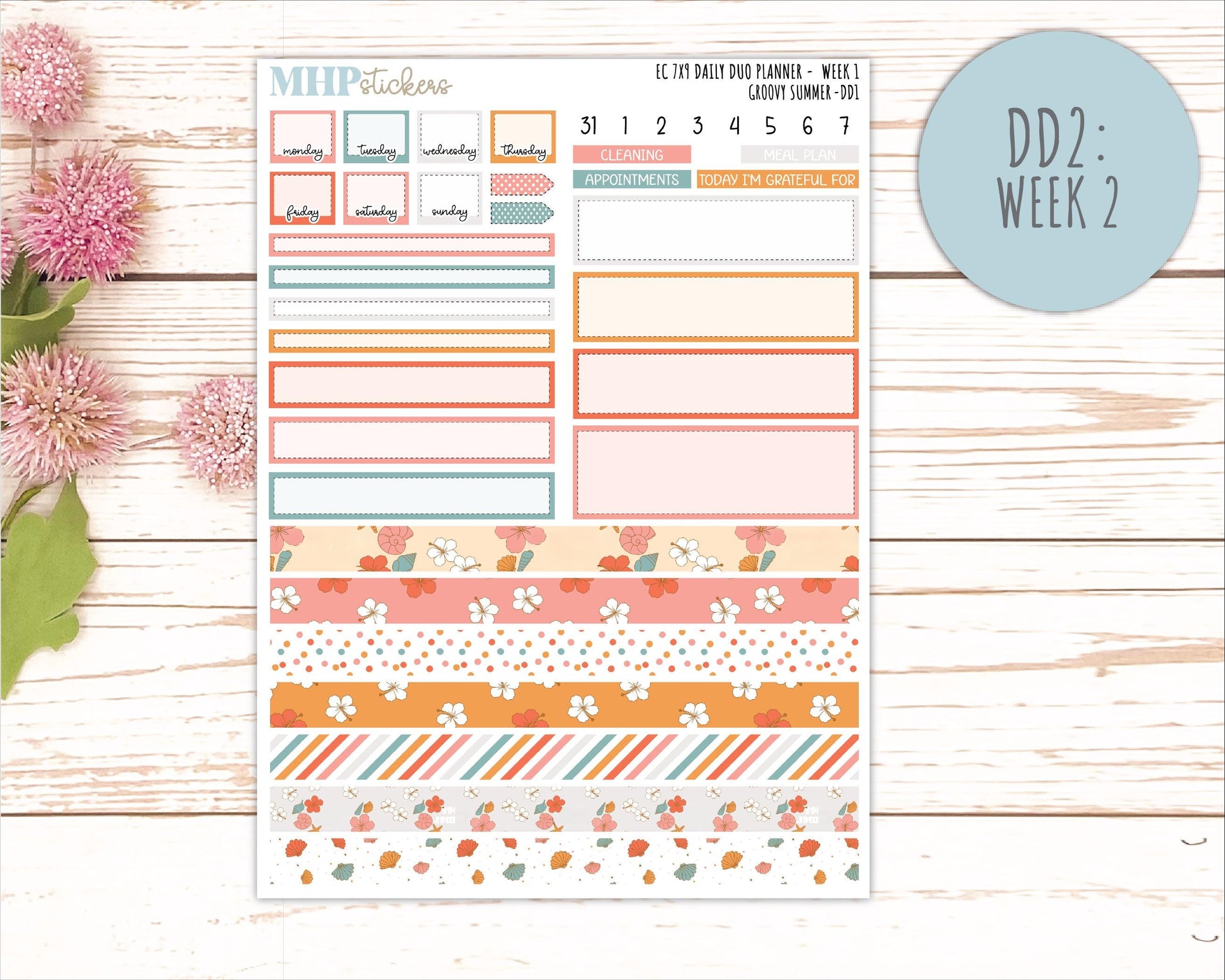 AUGUST Daily Duo Sticker Kit for 7x9 Erin Condren Planners. 2026 Collection "Groovy Summer"|| ECDD
