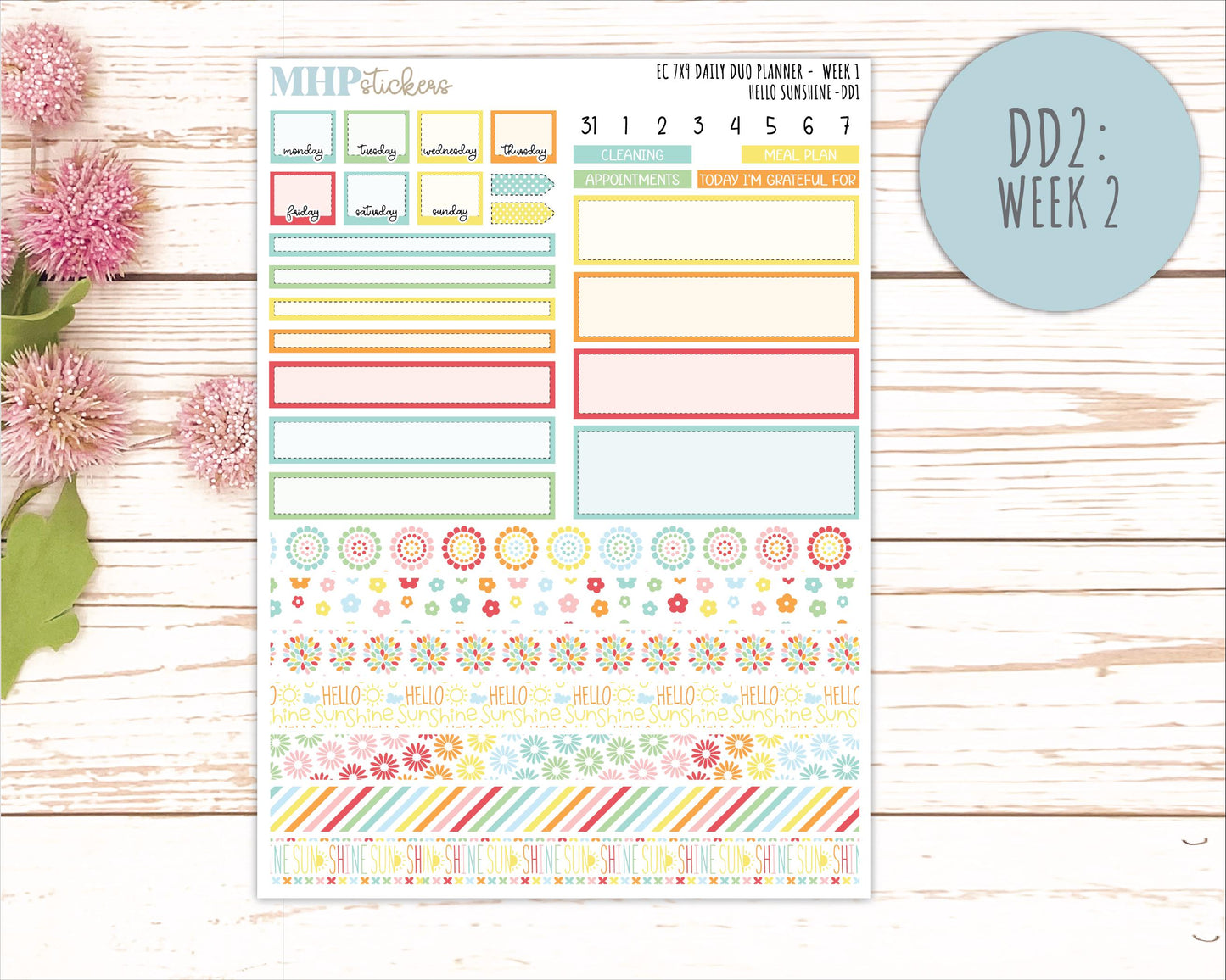 AUGUST Daily Duo Sticker Kit for 7x9 Erin Condren Planners. 2026 Collection "Hello Sunshine"|| ECDD