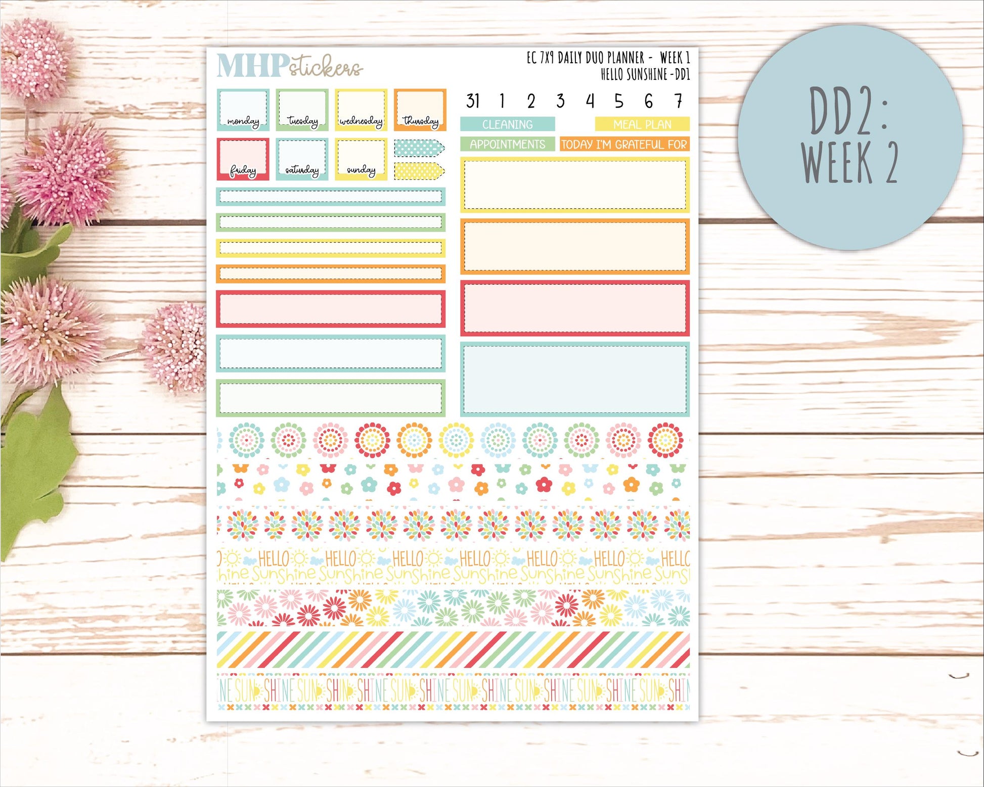 AUGUST Daily Duo Sticker Kit for 7x9 Erin Condren Planners. 2026 Collection "Hello Sunshine"|| ECDD