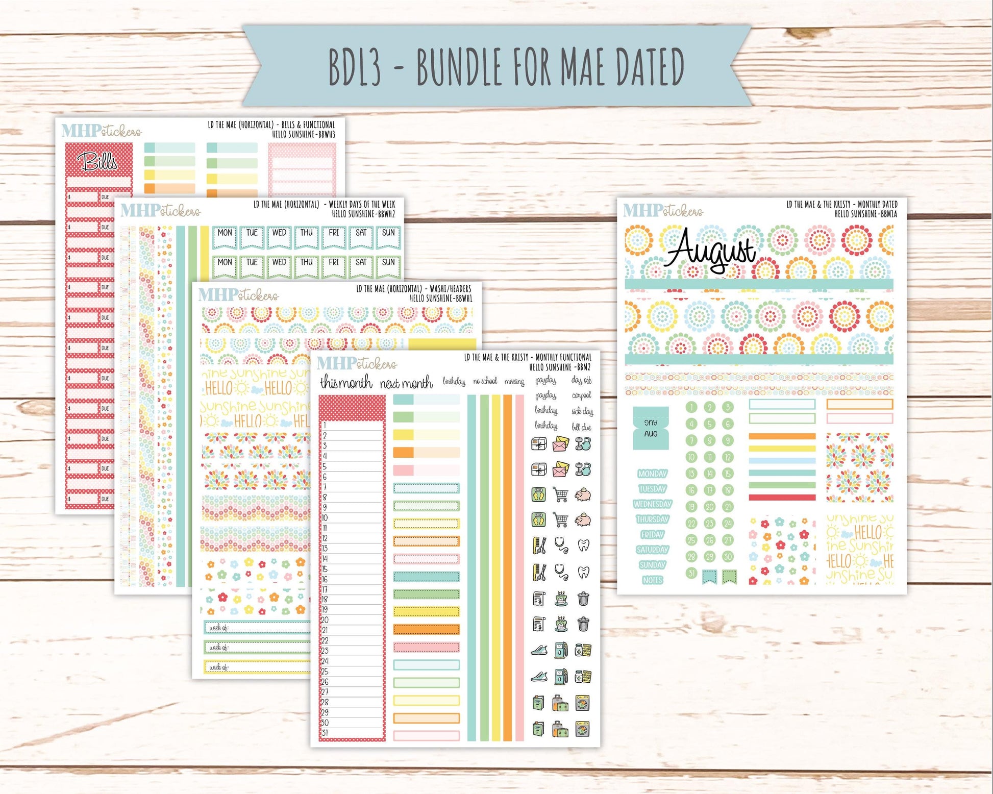 AUGUST 2026 Stickers for the Mae & Kristy Laurel Denise Planners "Hello Sunshine" || BB