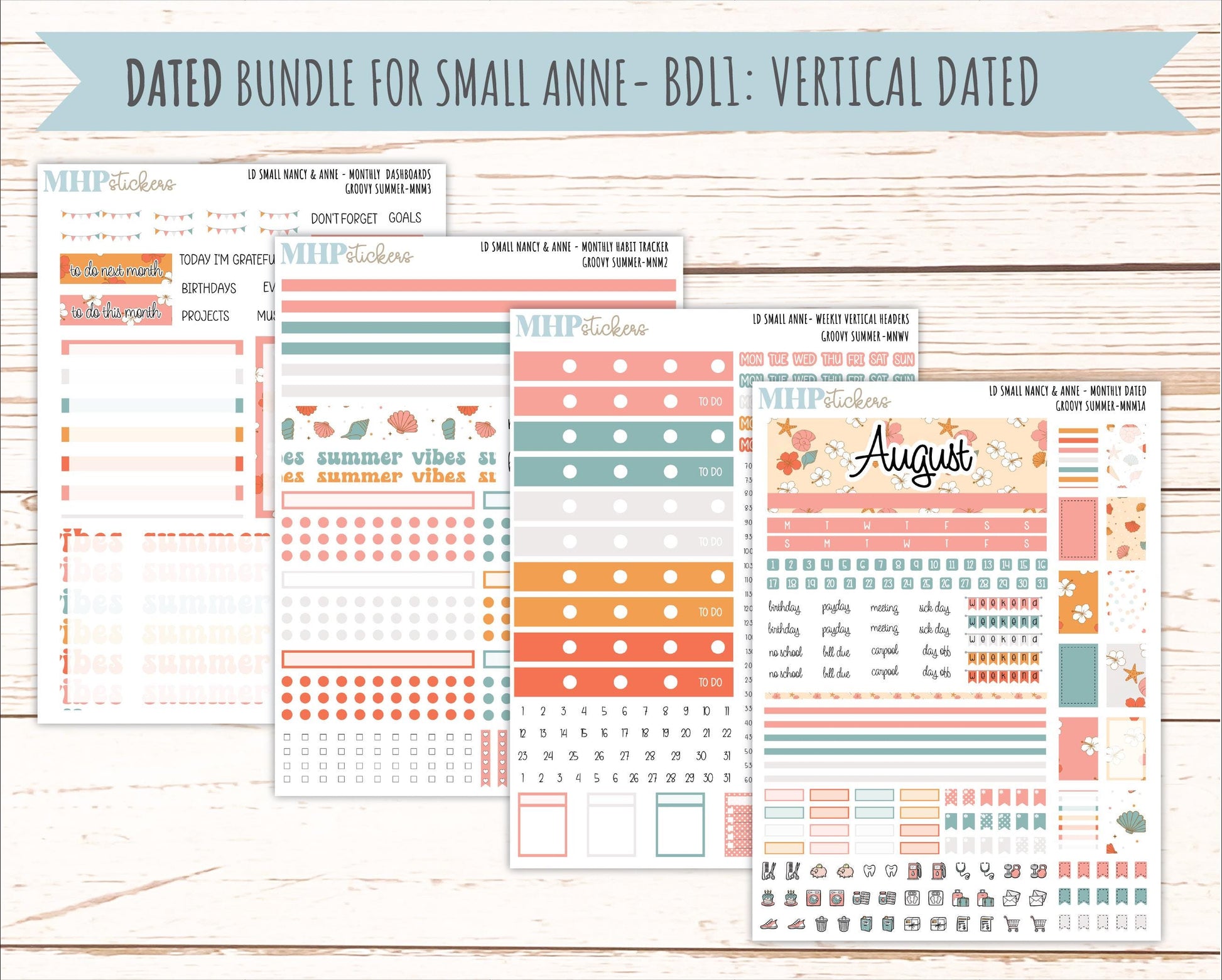 AUGUST 2026 Stickers for Small Nancy & Anne Laurel Denise Planners "Groovy Summer" || MN