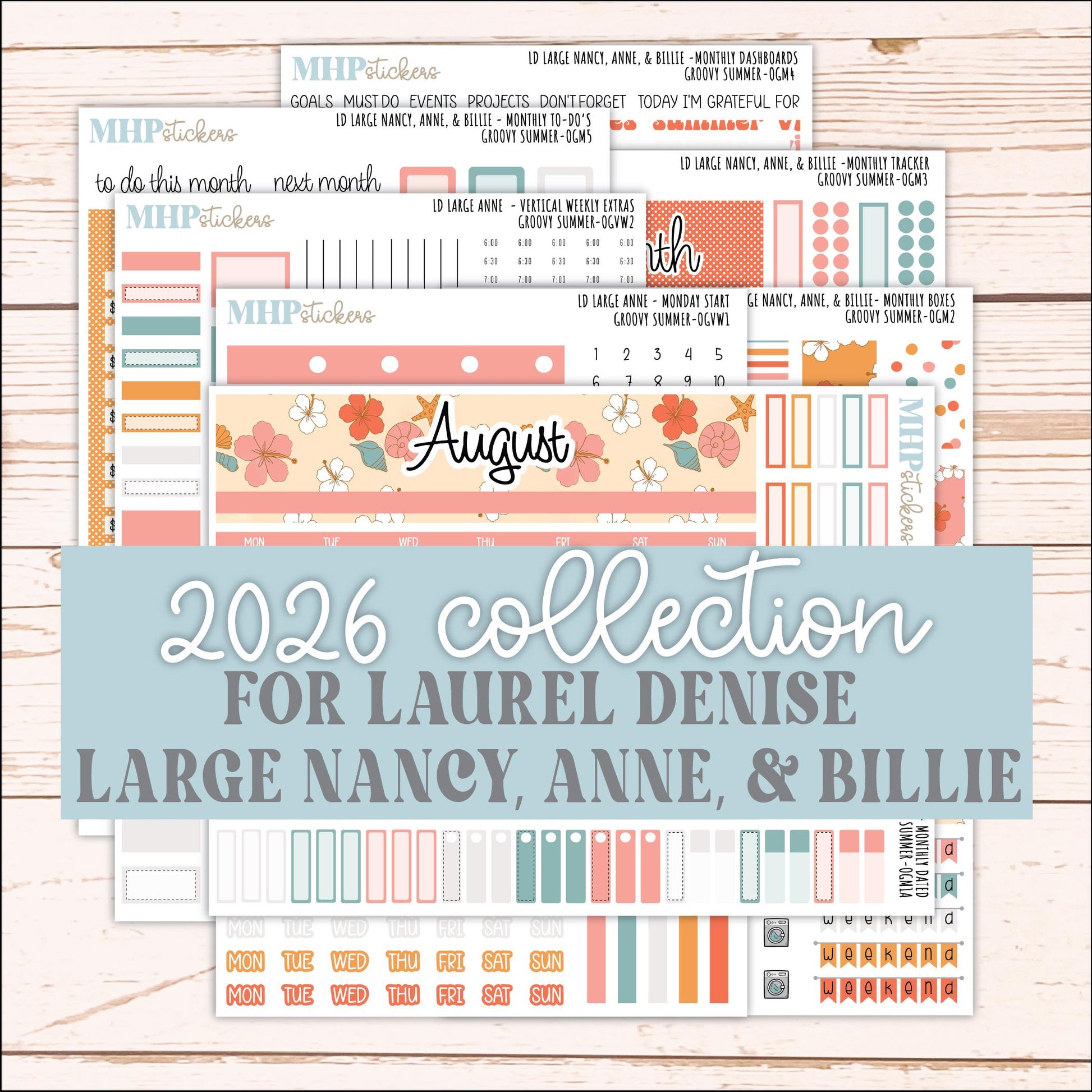 AUGUST 2026 Stickers for Large Nancy, Anne, & Billie Planners. Laurel Denise Planners "Groovy Summer" || OG