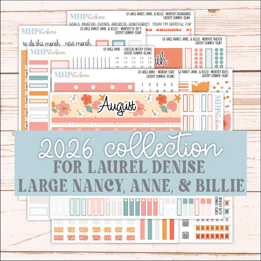 AUGUST 2026 Stickers for Large Nancy, Anne, & Billie Planners. Laurel Denise Planners "Groovy Summer" || OG
