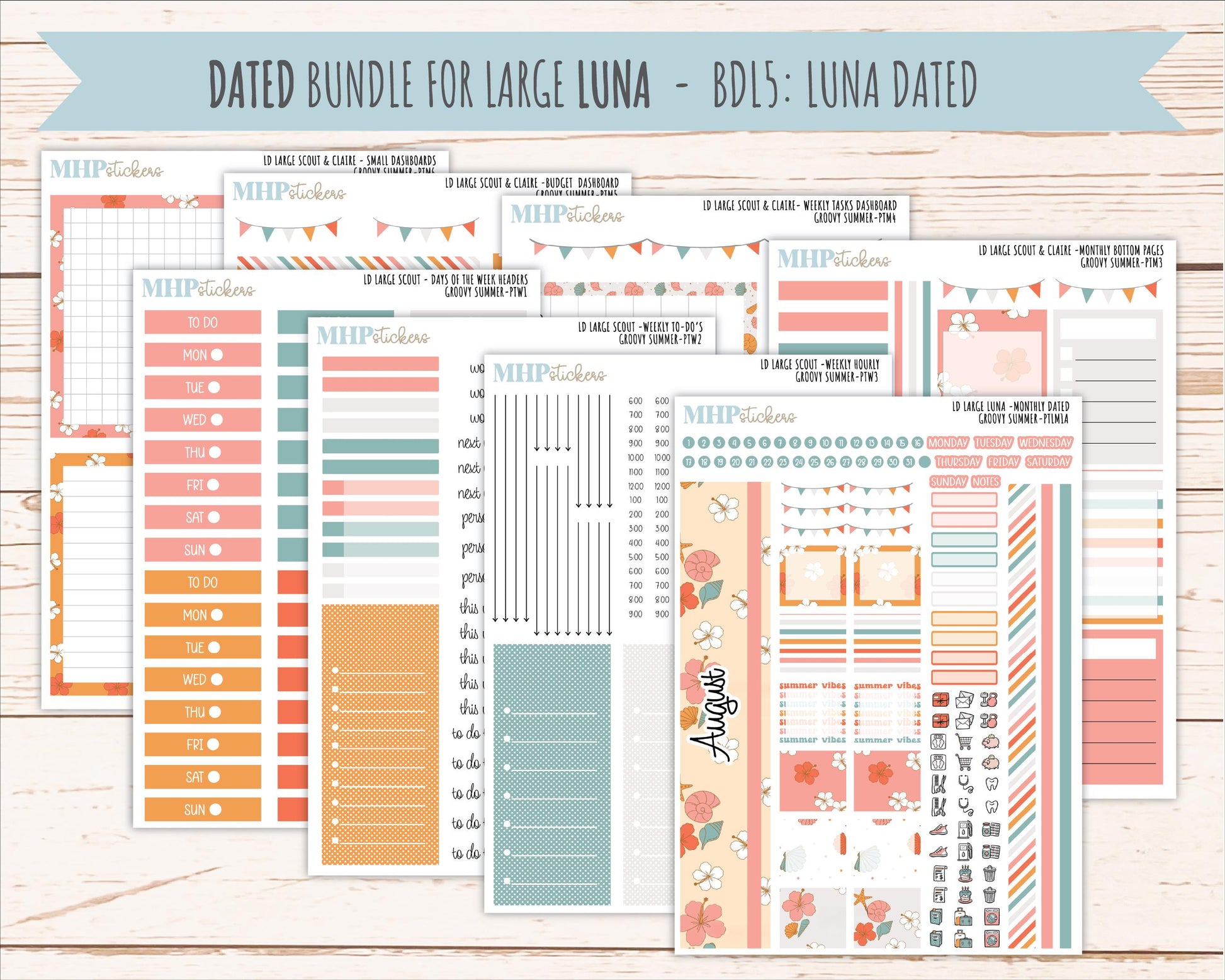 AUGUST 2026 Stickers for the Large Scout, Large Claire, and Large Luna Laurel Denise Planners "Groovy Summer" || PT