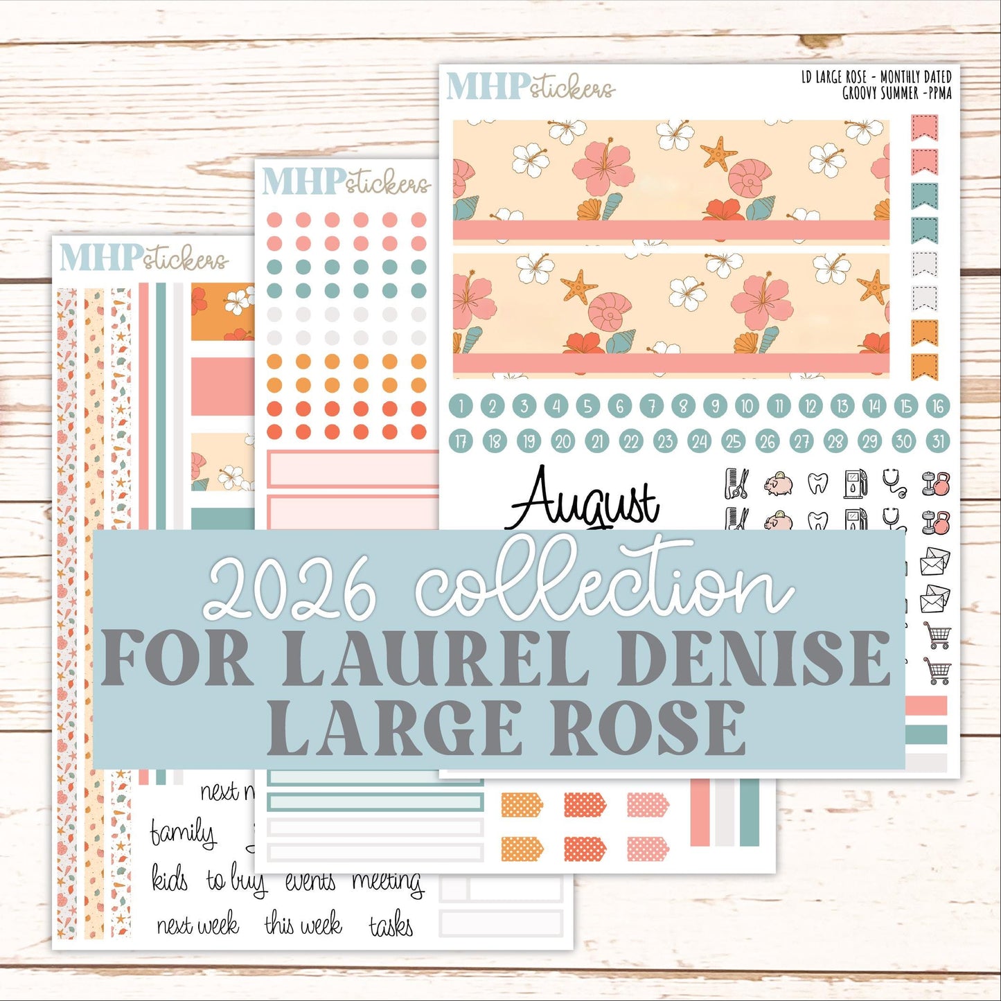 AUGUST 2026 Stickers for the Large Rose Laurel Denise Planner. "Groovy Summer" || PP