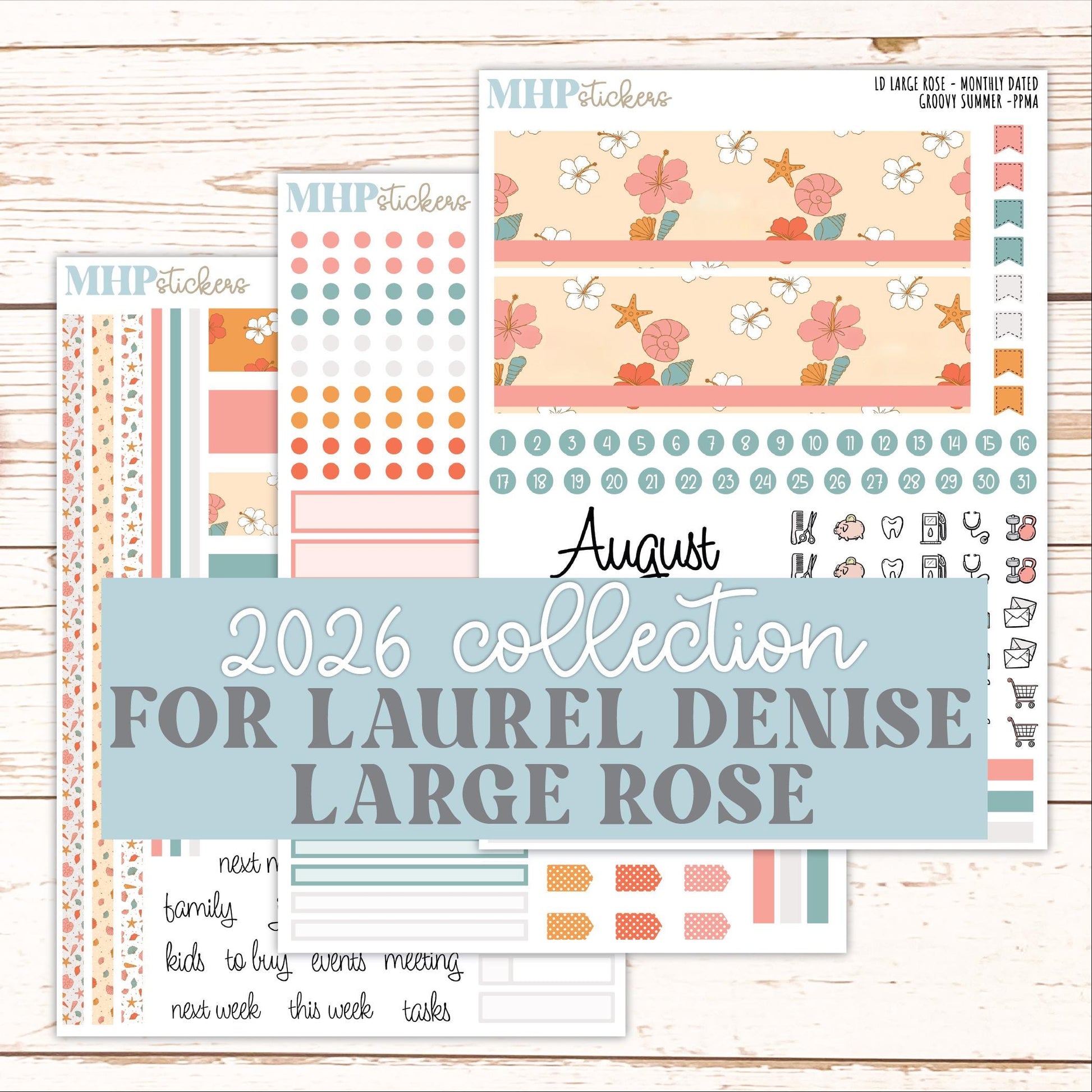 AUGUST 2026 Stickers for the Large Rose Laurel Denise Planner. "Groovy Summer" || PP