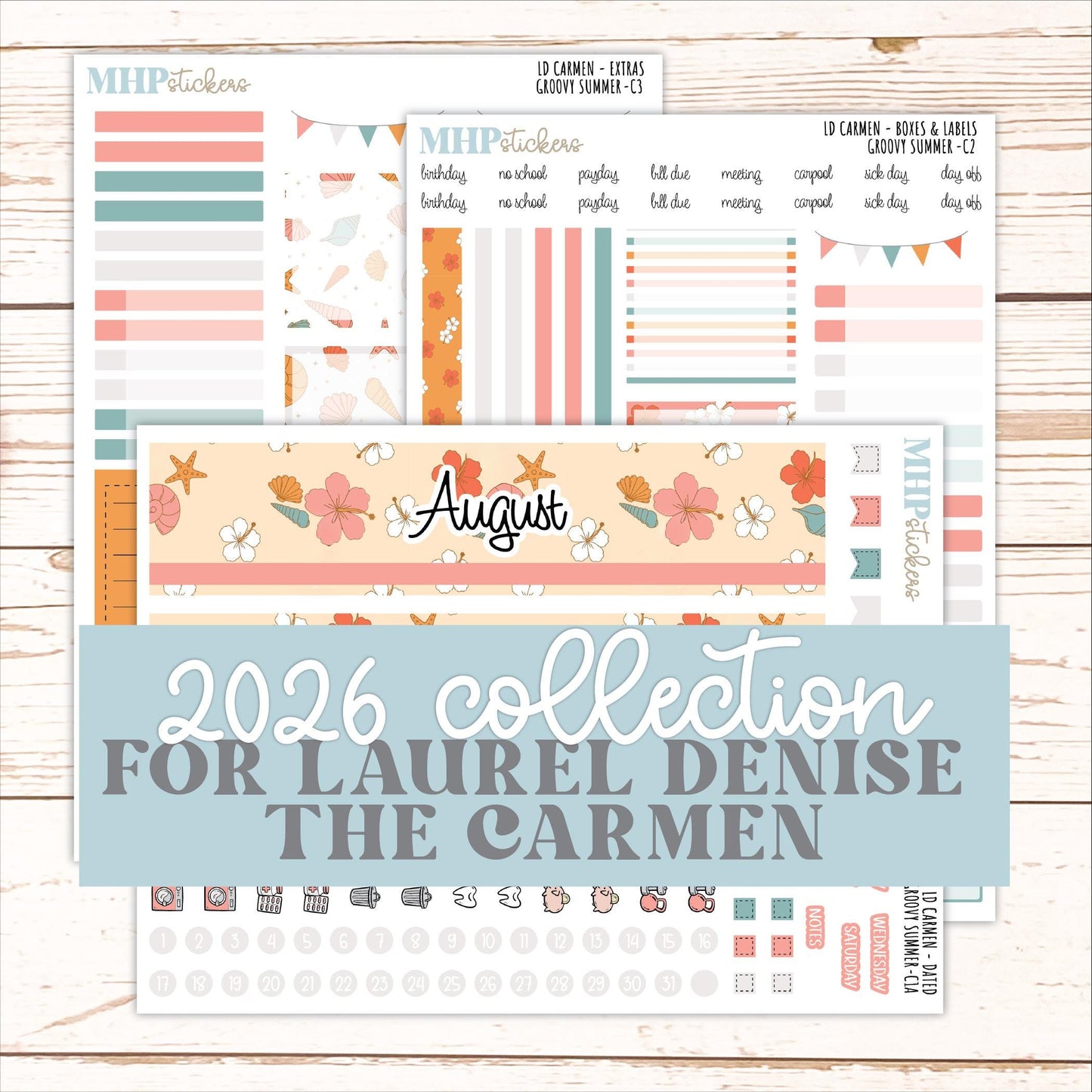 AUGUST 2026 Stickers for The Carmen Laurel Denise Planner "Groovy Summer" || C