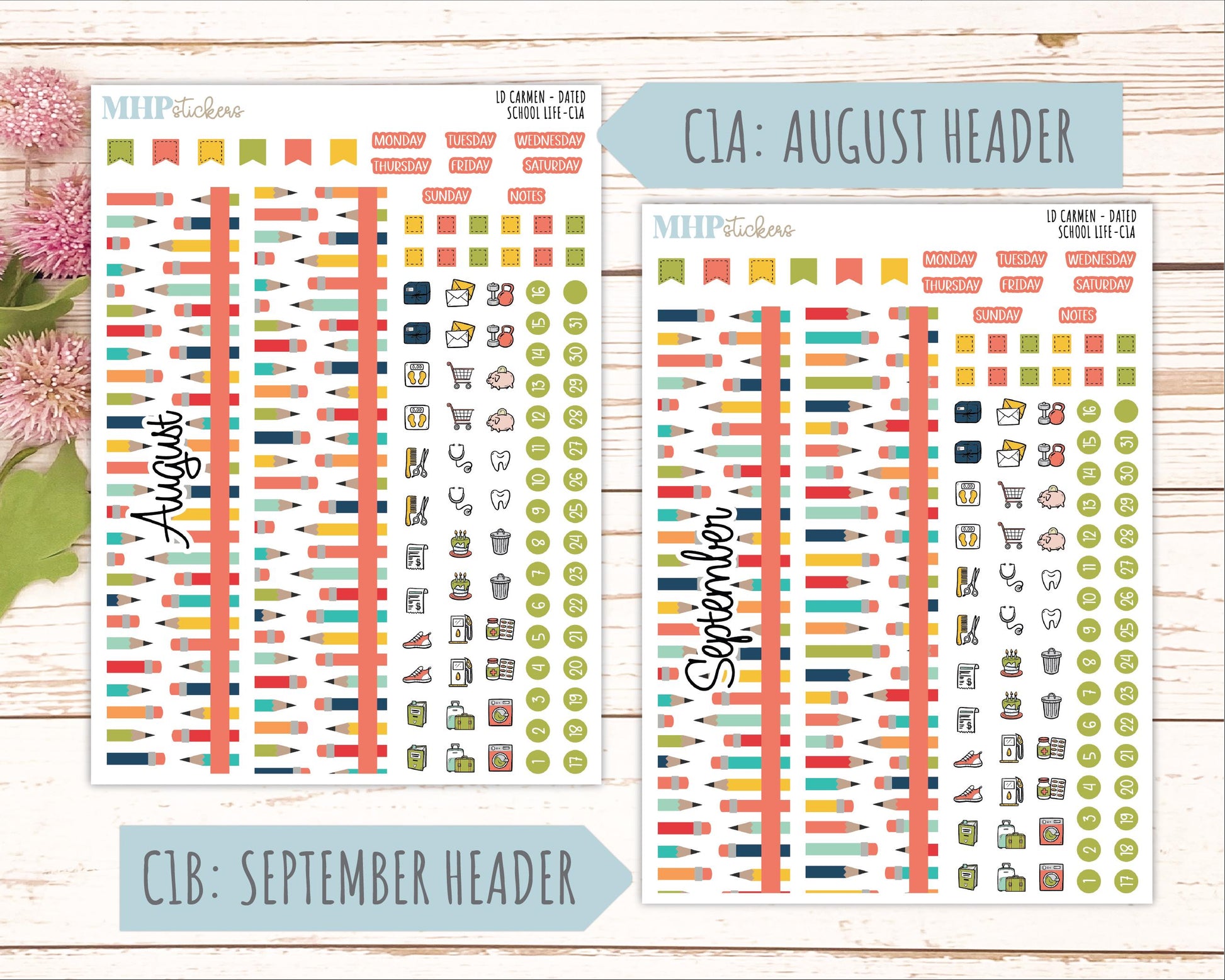 AUGUST & SEPTEMBER 2026 Stickers for The Carmen Laurel Denise Planner "School Life" || C