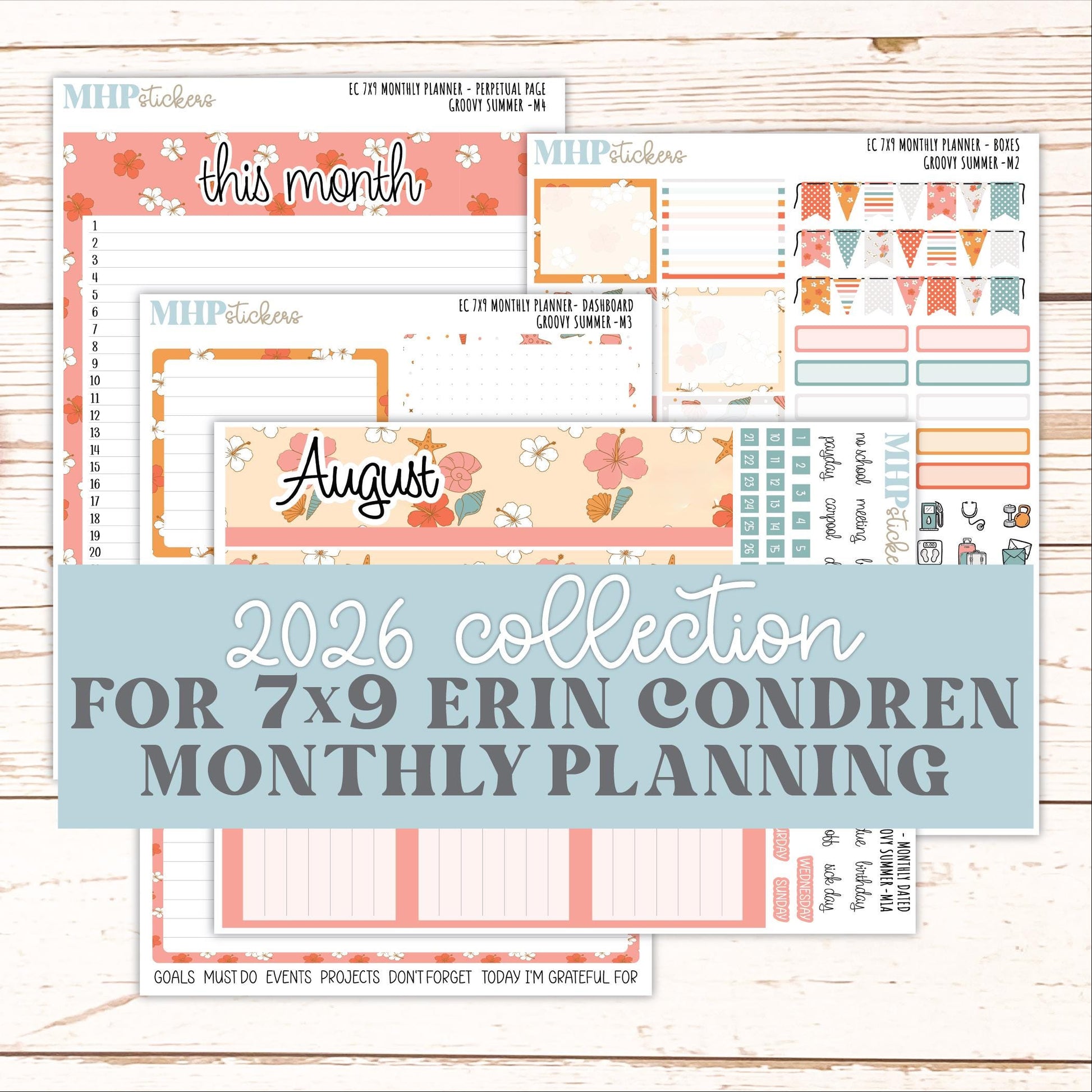 AUGUST Monthly Kit for 7x9 Erin Condren Planners. 2026 Collection "Groovy Summer" || ECM