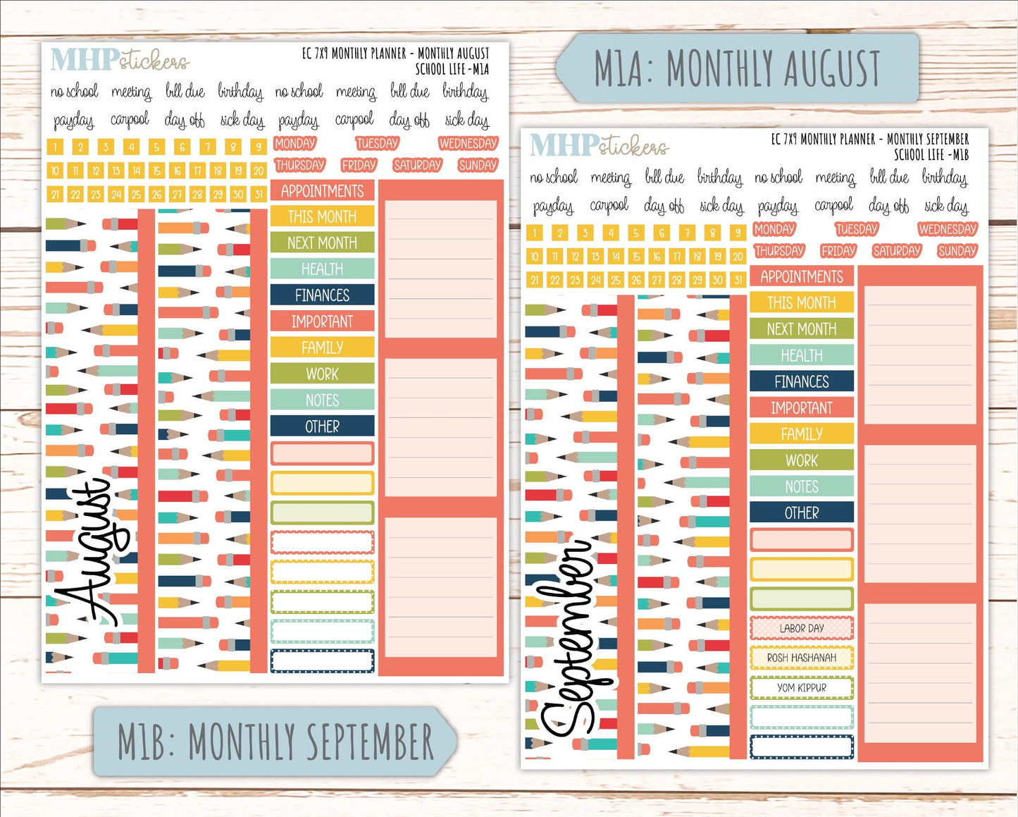 AUGUST & SEPTEMBER Monthly Kit for 7x9 Erin Condren Planners. 2026 Collection "School Life" || ECM
