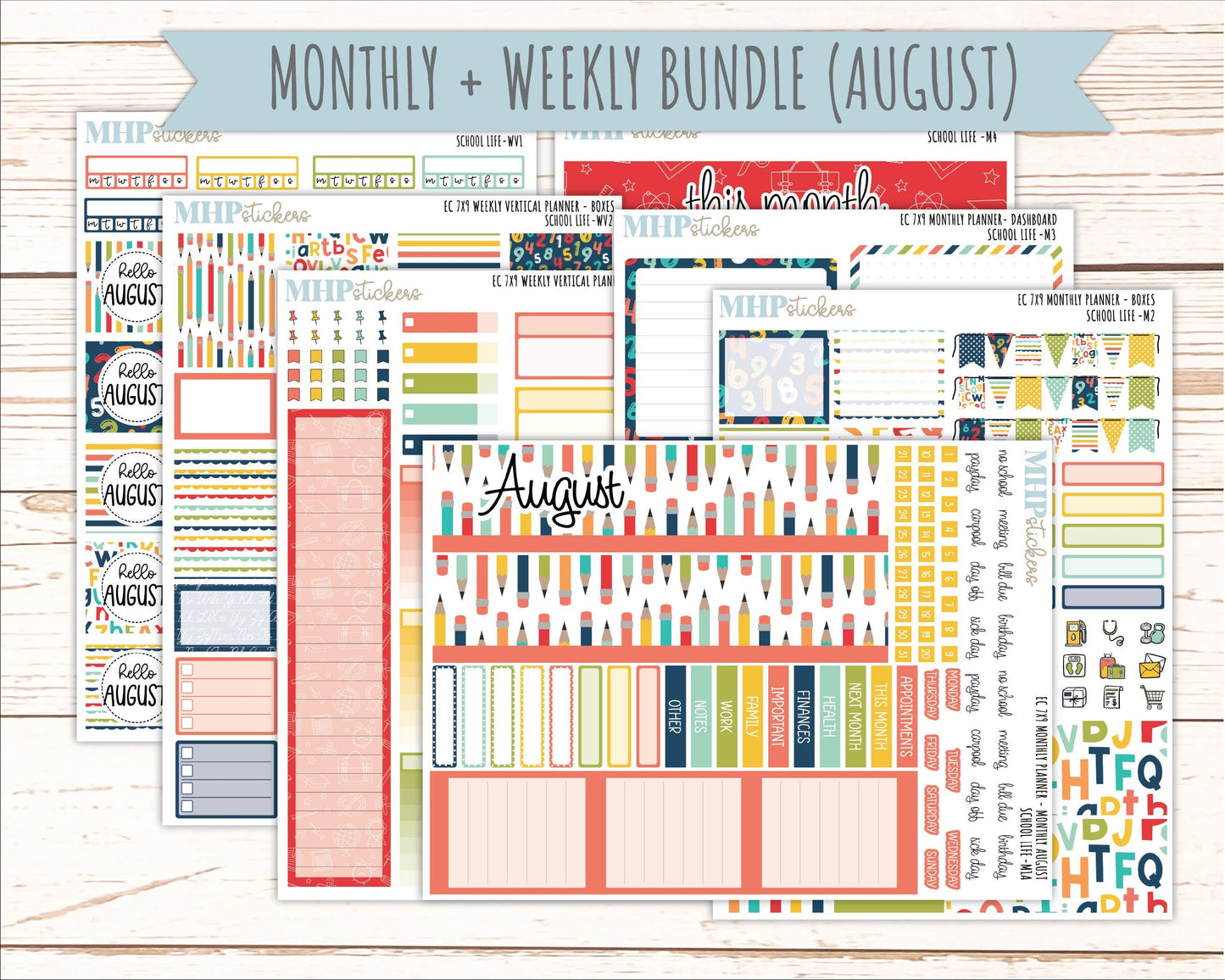 AUGUST & SEPTEMBER Weekly Vertical Kits for 7x9 Erin Condren Planners. 2026 Collection "School Life" || ECWV