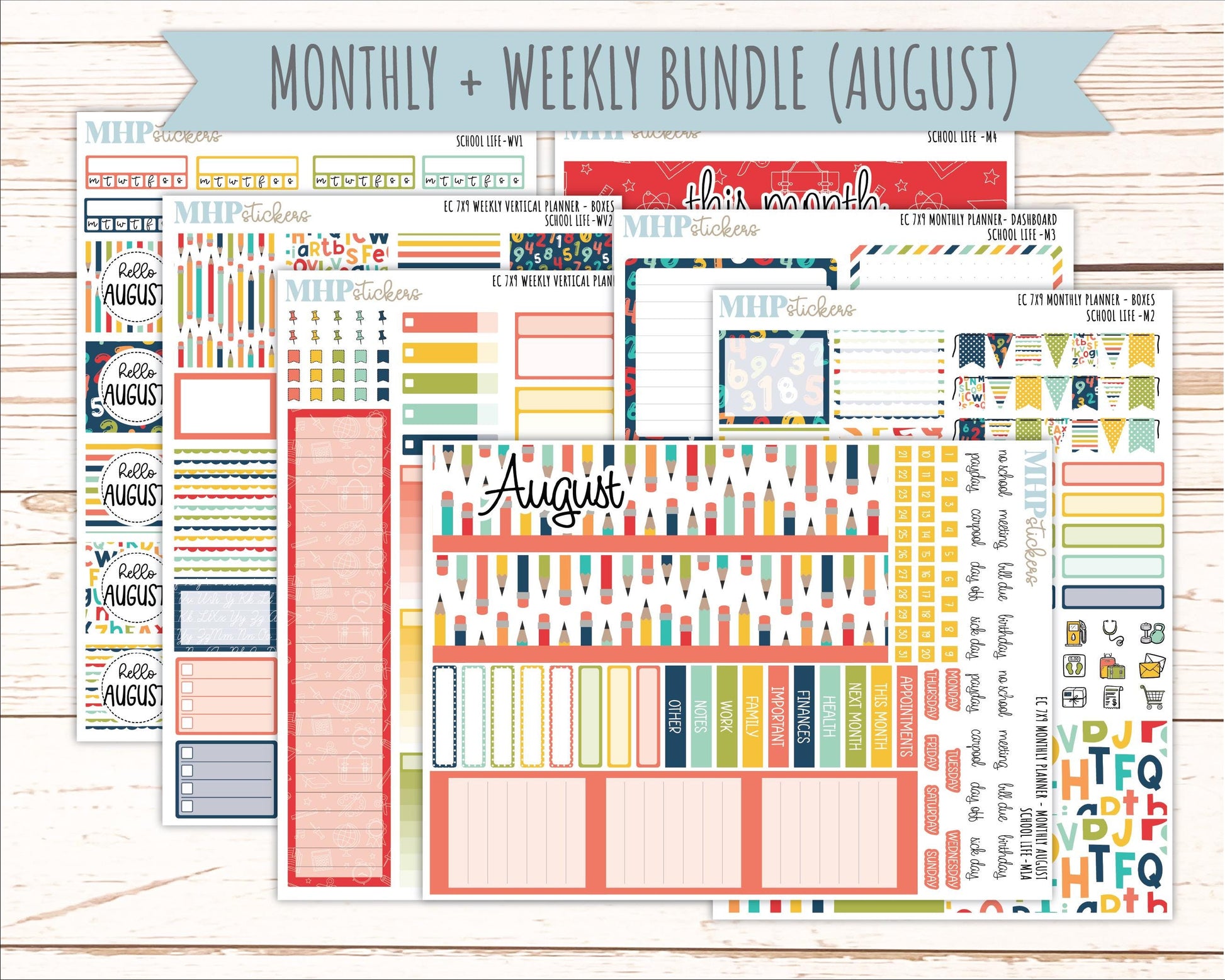 AUGUST & SEPTEMBER Weekly Vertical Kits for 7x9 Erin Condren Planners. 2026 Collection "School Life" || ECWV