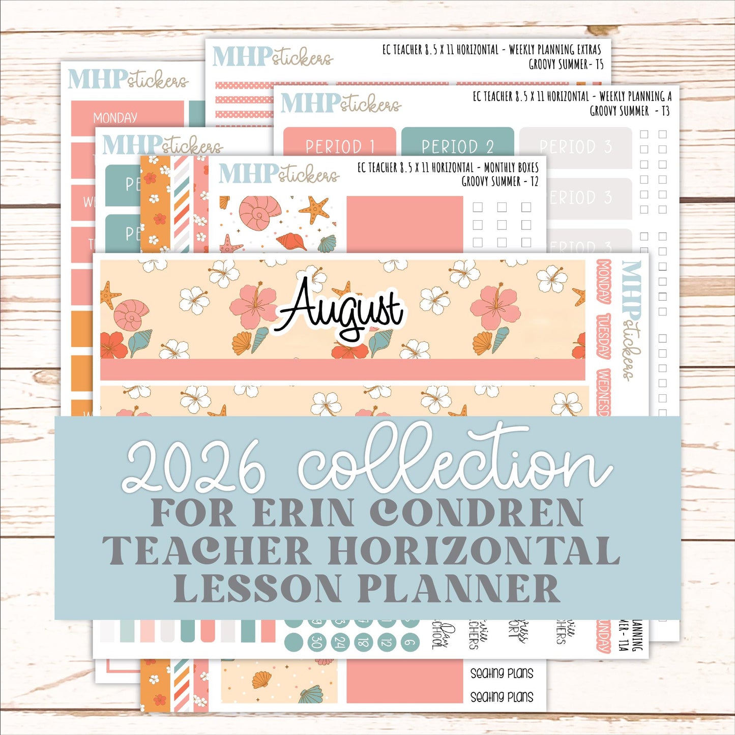 AUGUST Stickers for EC Teacher Lesson Planner - Horizontal Layout. 2026 Collection "Groovy Summer" || ECTH