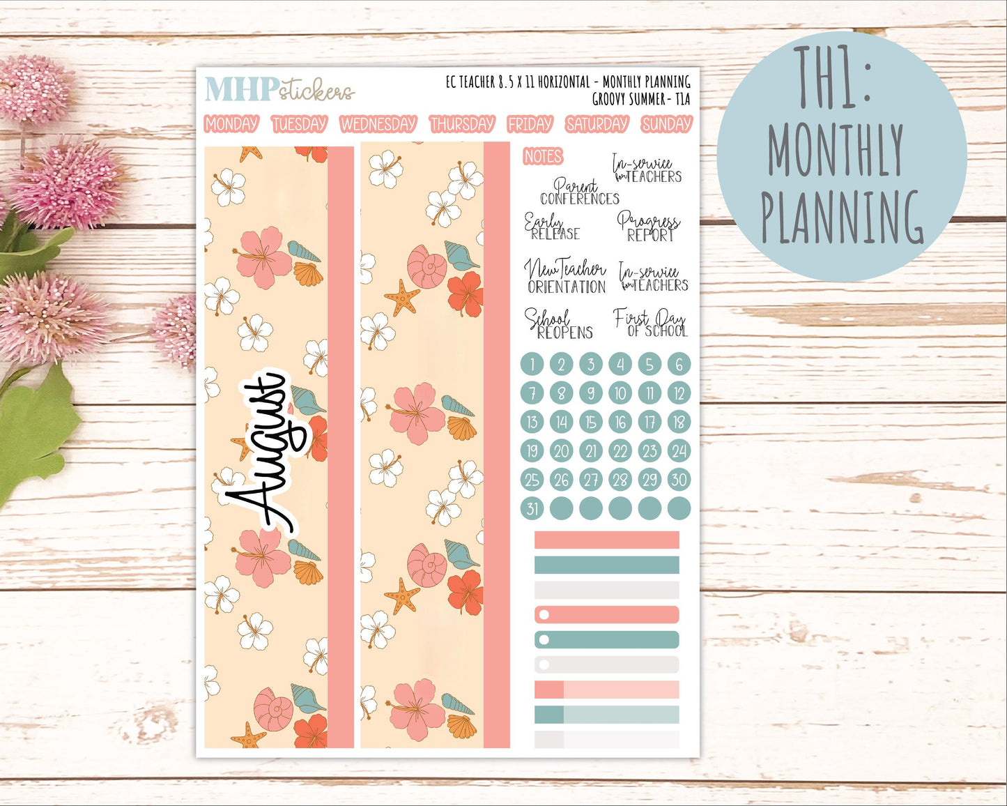 AUGUST Stickers for EC Teacher Lesson Planner - Horizontal Layout. 2026 Collection "Groovy Summer" || ECTH