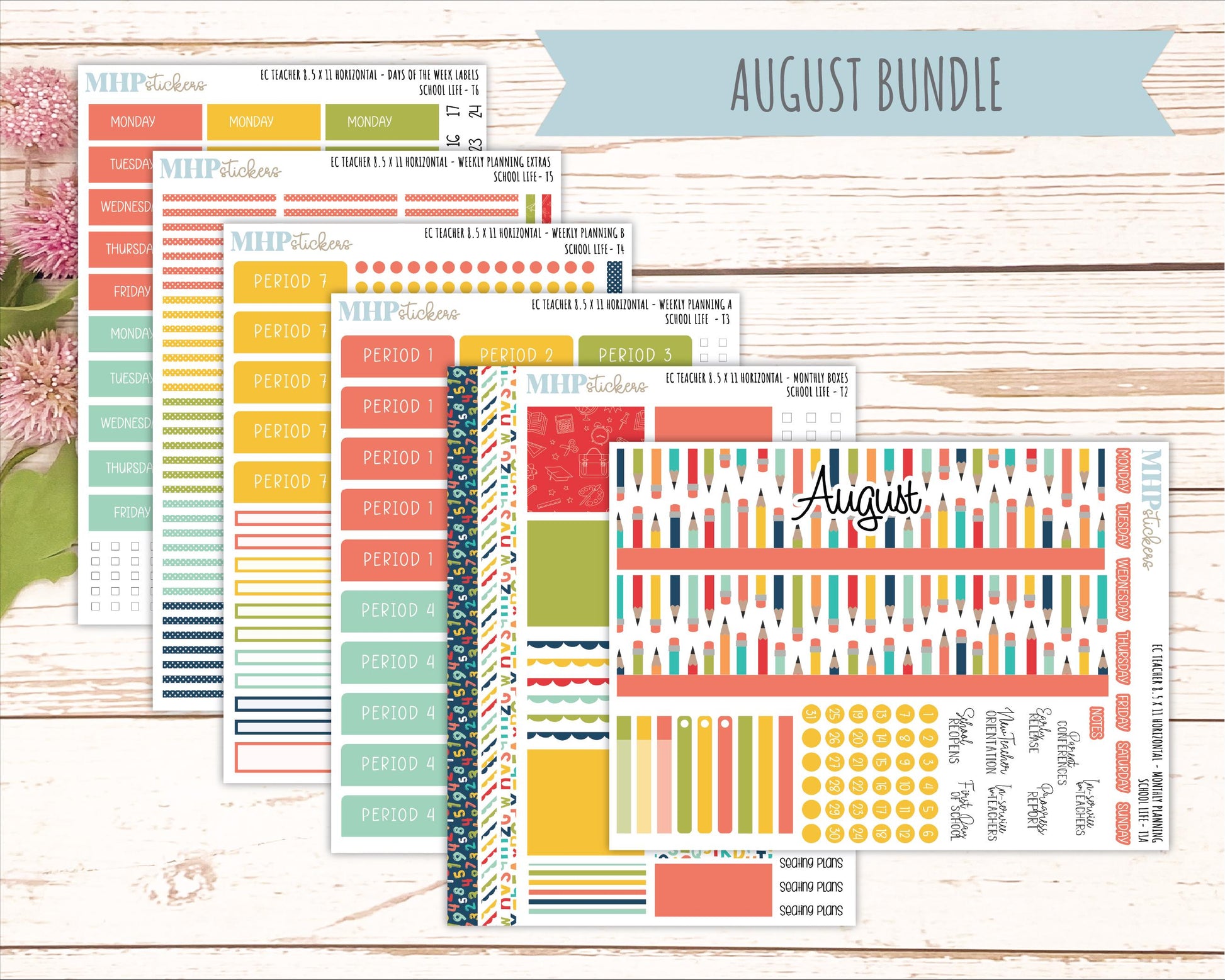 AUGUST & SEPTEMBER Stickers for Erin Condren Teacher Lesson Planner - Horizontal Layout. 2026 Collection "School Life" || ECTH