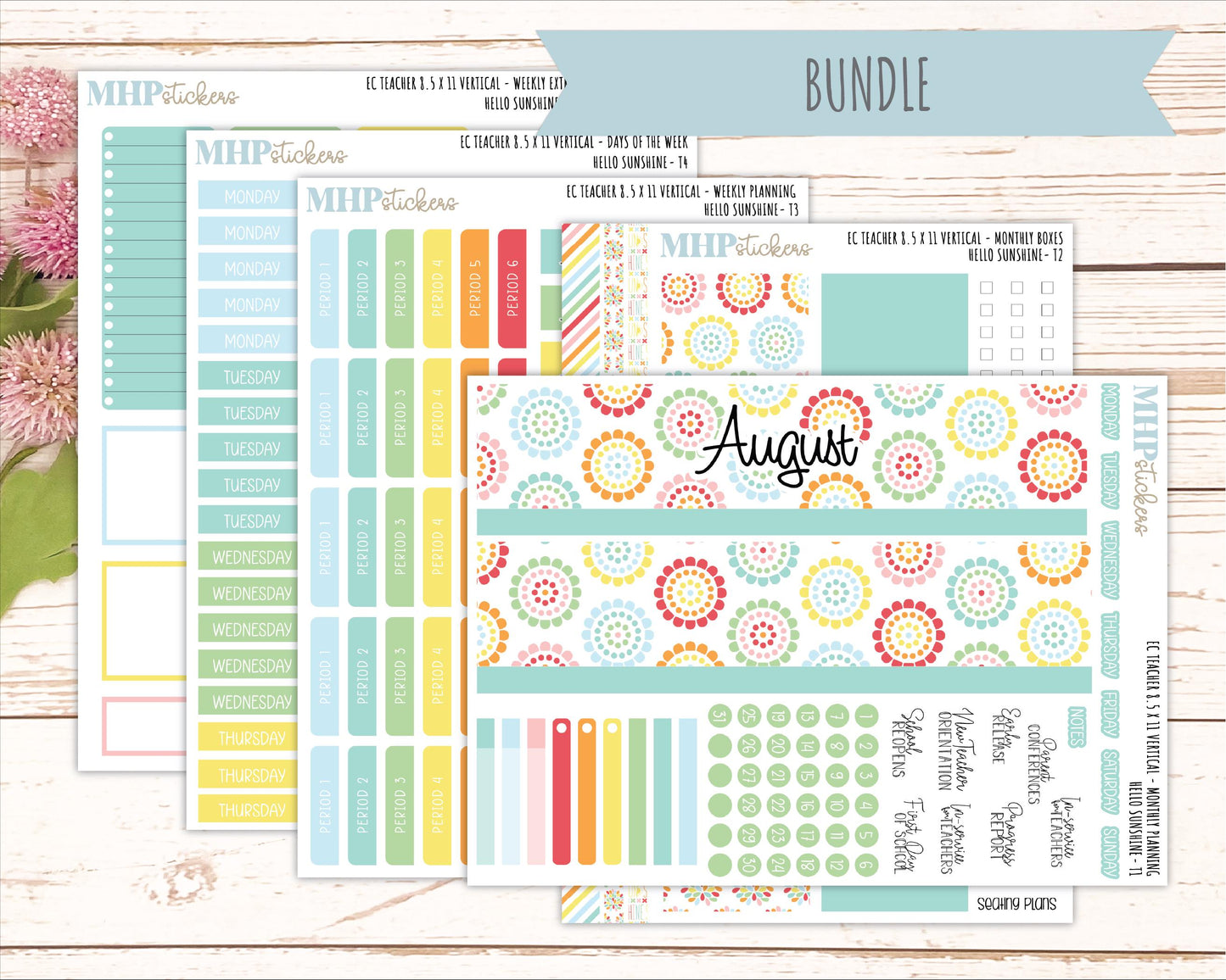 AUGUST Stickers for EC Teacher Lesson Planner - Vertical Layout. 2026 Collection "Hello Sunshine" || ECTV