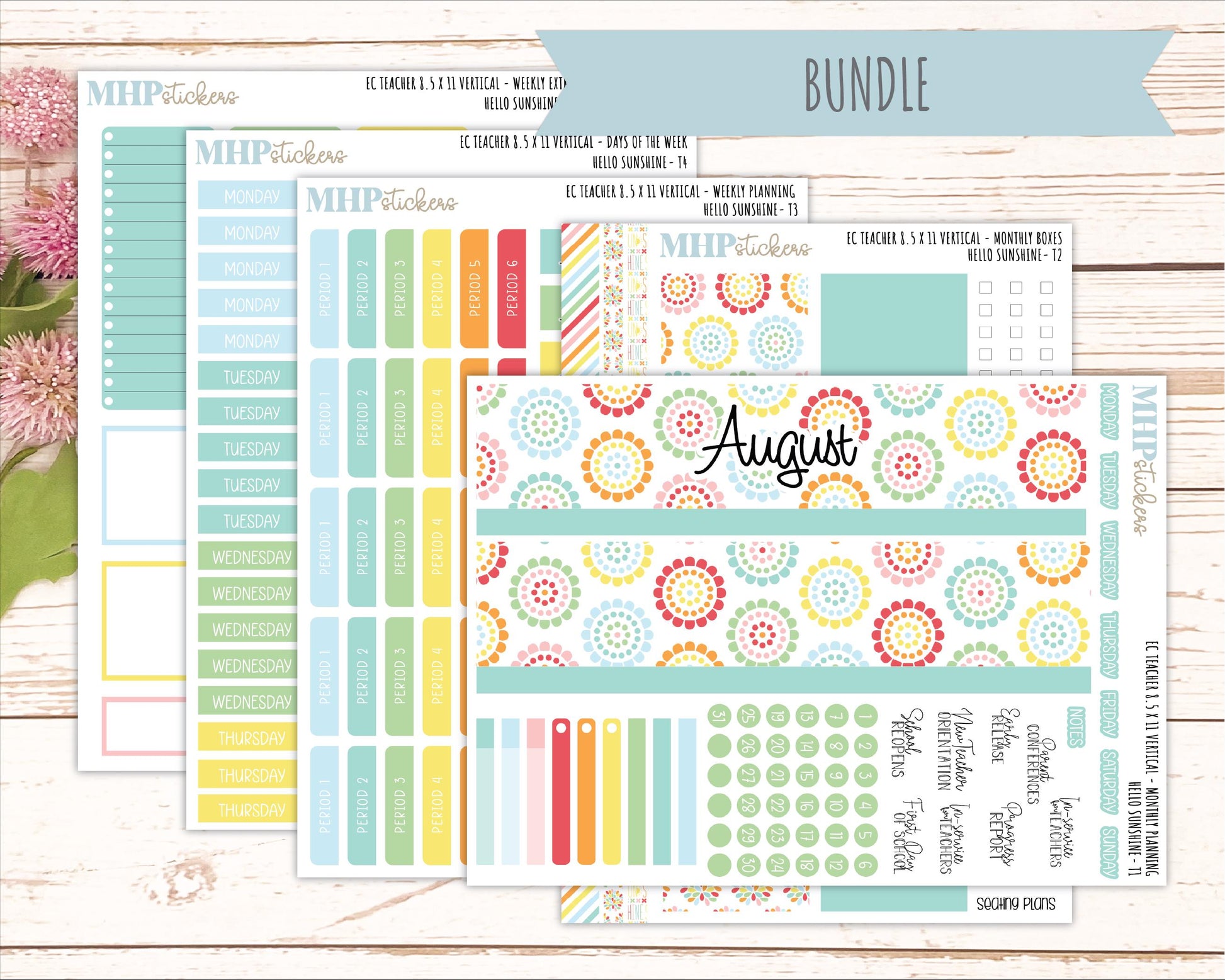 AUGUST Stickers for EC Teacher Lesson Planner - Vertical Layout. 2026 Collection "Hello Sunshine" || ECTV