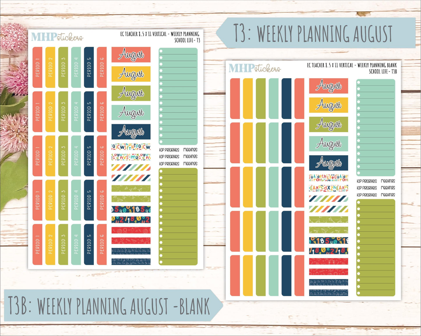 AUGUST & SEPTEMBER Stickers for Erin Condren Teacher Lesson Planner - Vertical Layout. 2026 Collection "Hello Sunshine" || ECTV