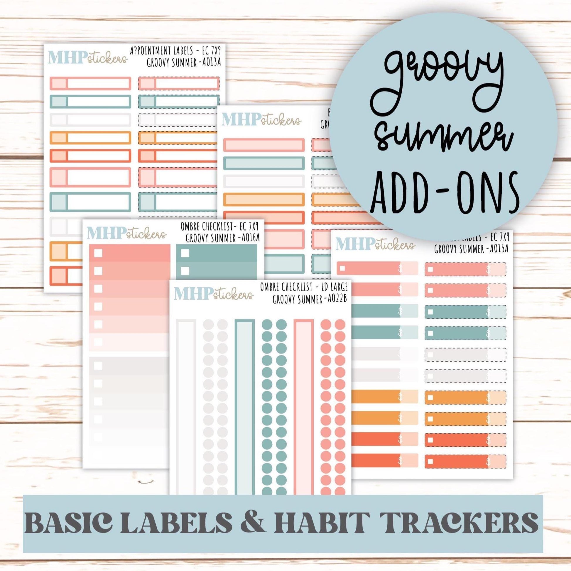 Basic Labels & Habit Trackers. ADD-Ons for Monthly Kits "Groovy Summer" || AOBL