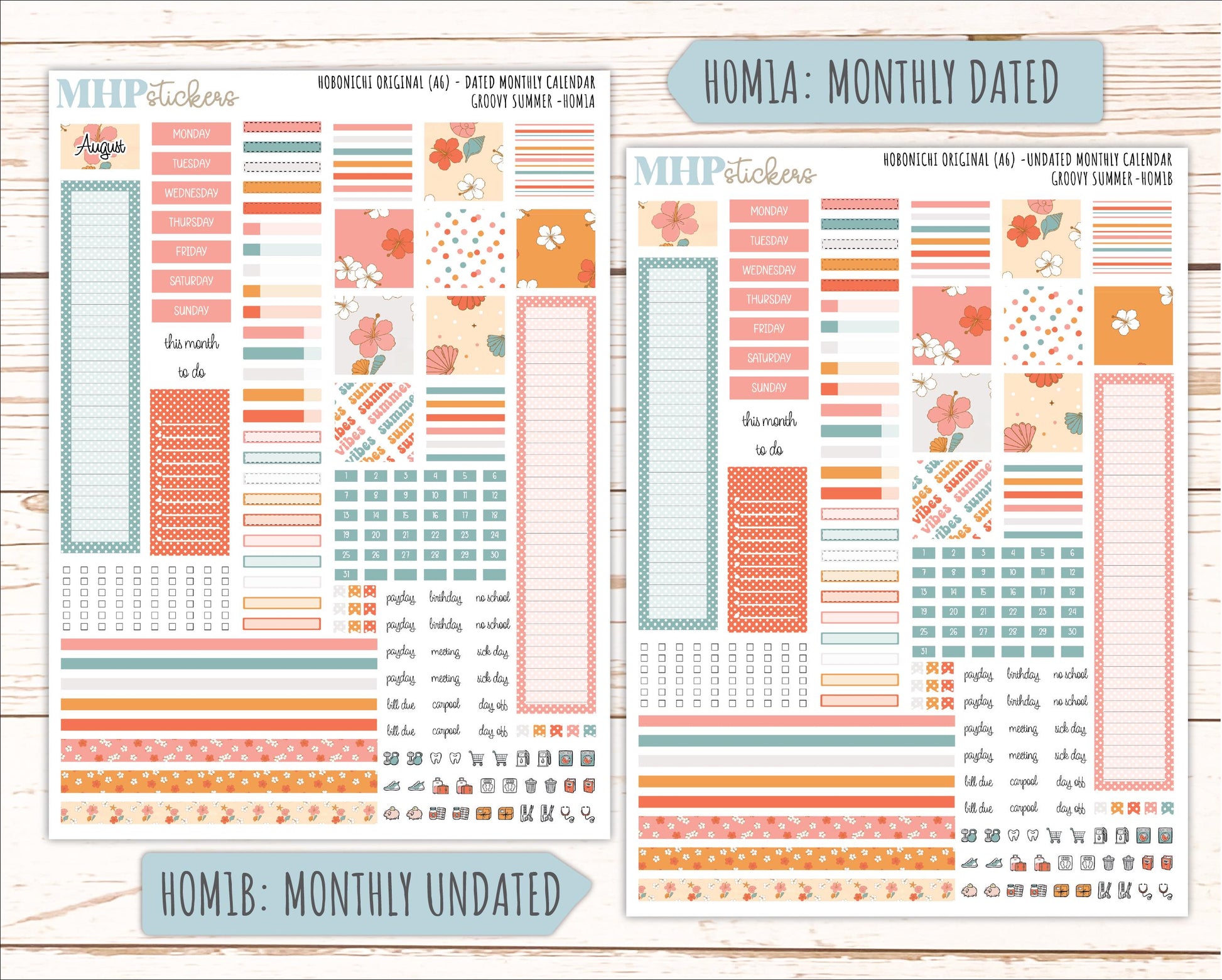 AUGUST 2026 Stickers for Hobonichi Techo Original. A6 Planners "Groovy Summer" || HO