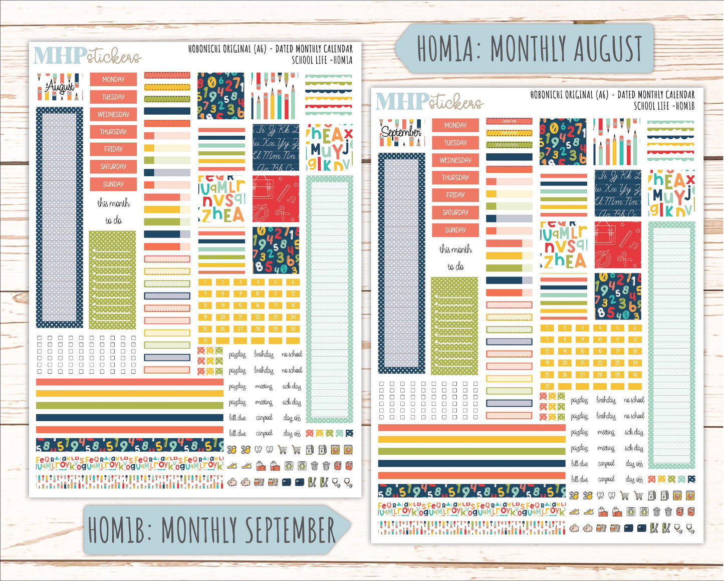 AUGUST & SEPTEMBER 2026 Stickers for Hobonichi Techo Original. A6 Planners "School Life" || HO