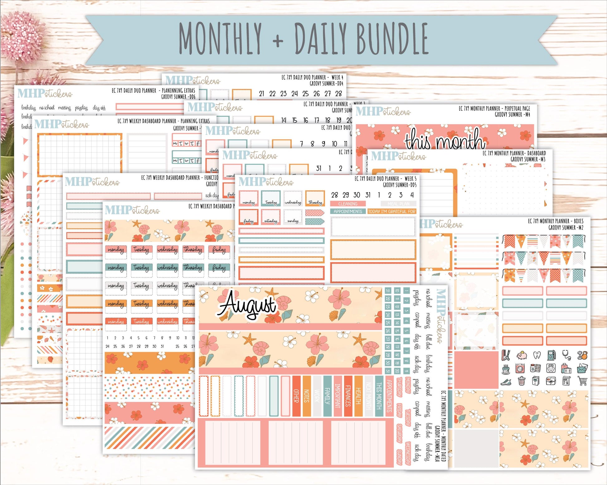 AUGUST Daily Duo Sticker Kit for 7x9 Erin Condren Planners. 2026 Collection "Groovy Summer"|| ECDD
