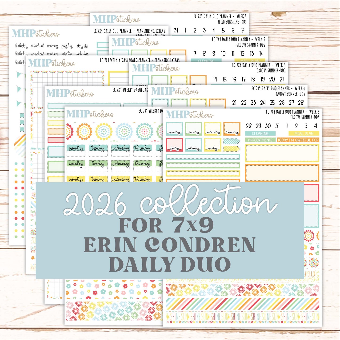 AUGUST Daily Duo Sticker Kit for 7x9 Erin Condren Planners. 2026 Collection "Hello Sunshine"|| ECDD