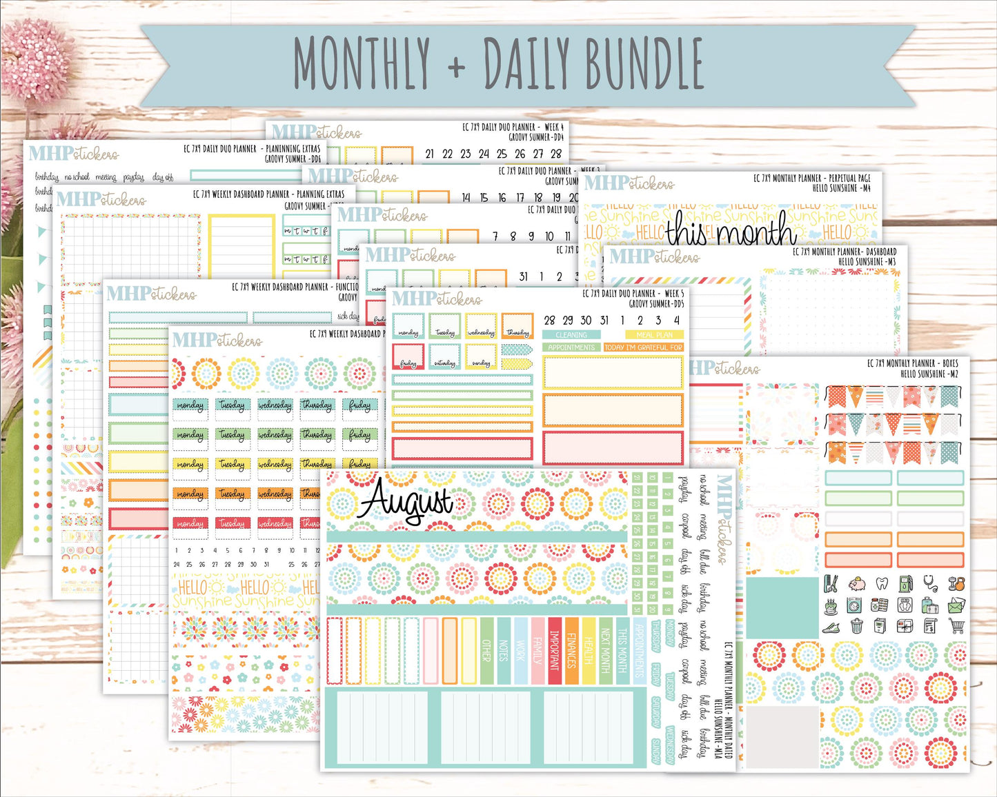 AUGUST Daily Duo Sticker Kit for 7x9 Erin Condren Planners. 2026 Collection "Hello Sunshine"|| ECDD