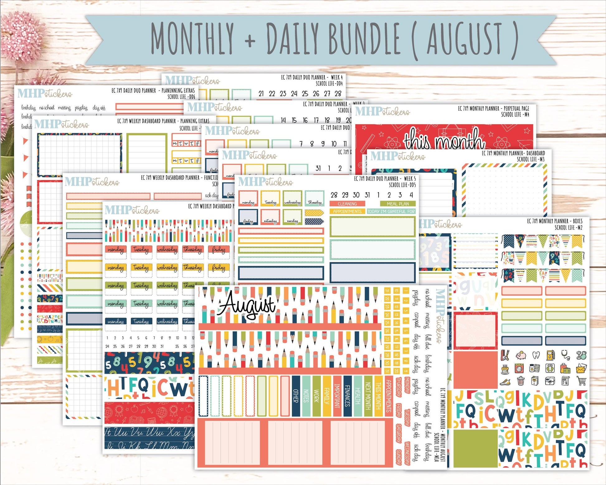 AUGUST & SEPTEMBER Daily Duo Sticker Kit for 7x9 Erin Condren Planners. 2026 Collection "School Life" || ECDD