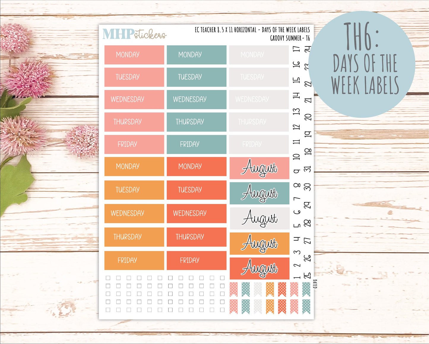 AUGUST Stickers for EC Teacher Lesson Planner - Horizontal Layout. 2026 Collection "Groovy Summer" || ECTH