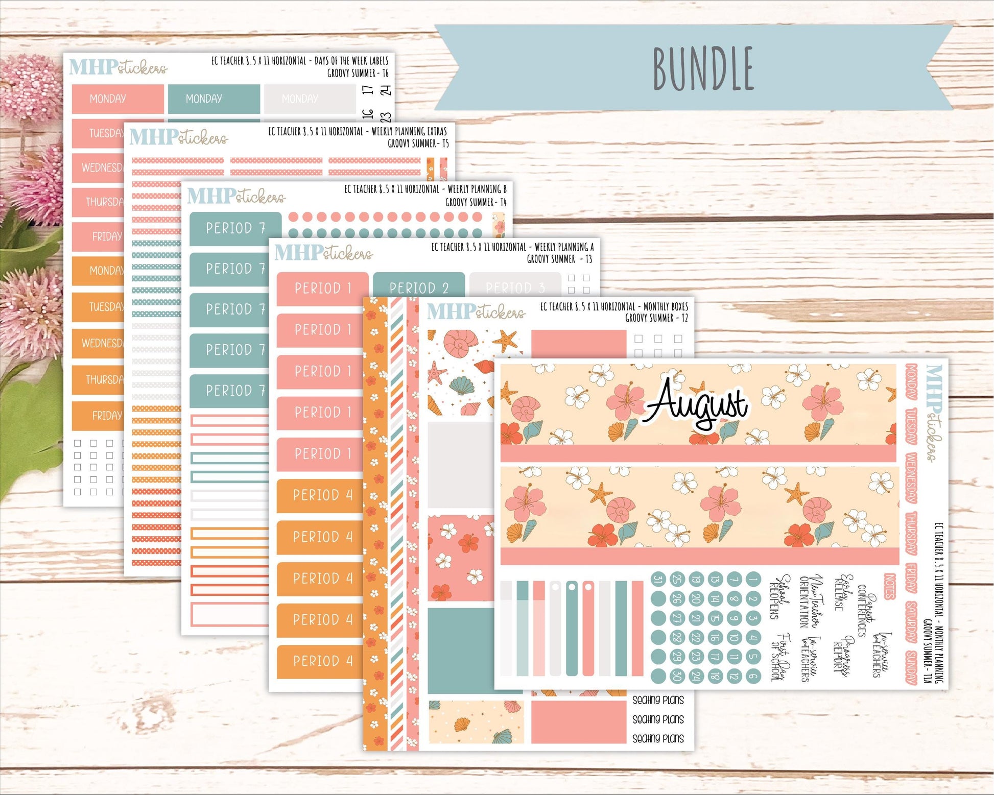AUGUST Stickers for EC Teacher Lesson Planner - Horizontal Layout. 2026 Collection "Groovy Summer" || ECTH