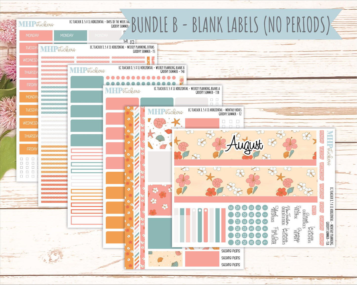 AUGUST Stickers for EC Teacher Lesson Planner - Horizontal Layout. 2026 Collection "Groovy Summer" || ECTH