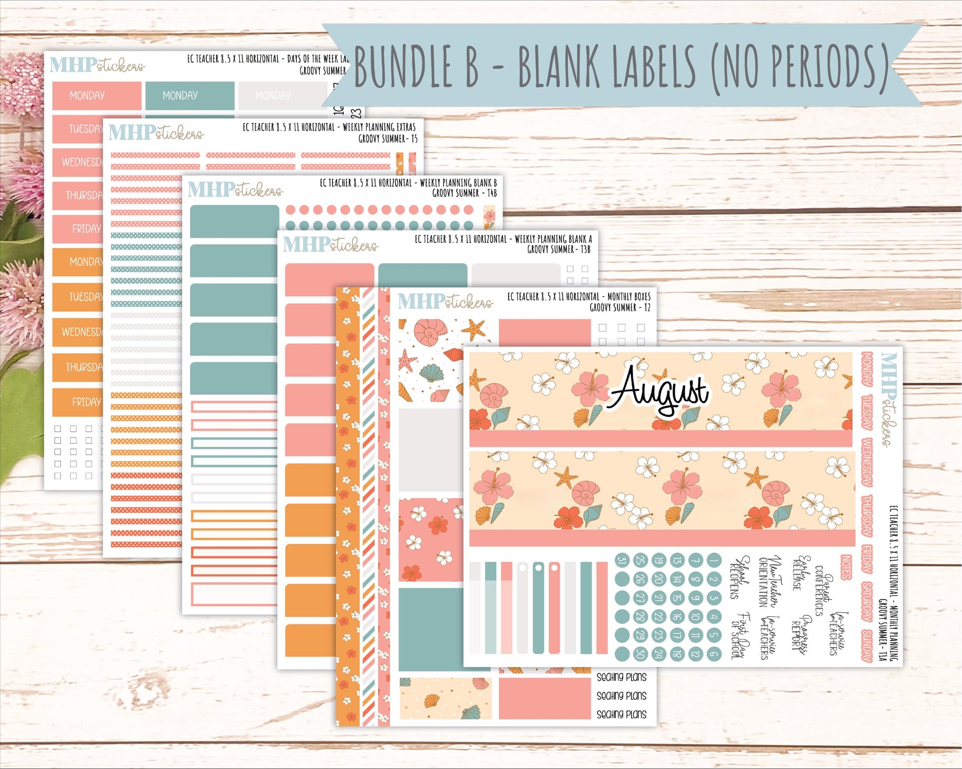 AUGUST Stickers for EC Teacher Lesson Planner - Horizontal Layout. 2026 Collection "Groovy Summer" || ECTH