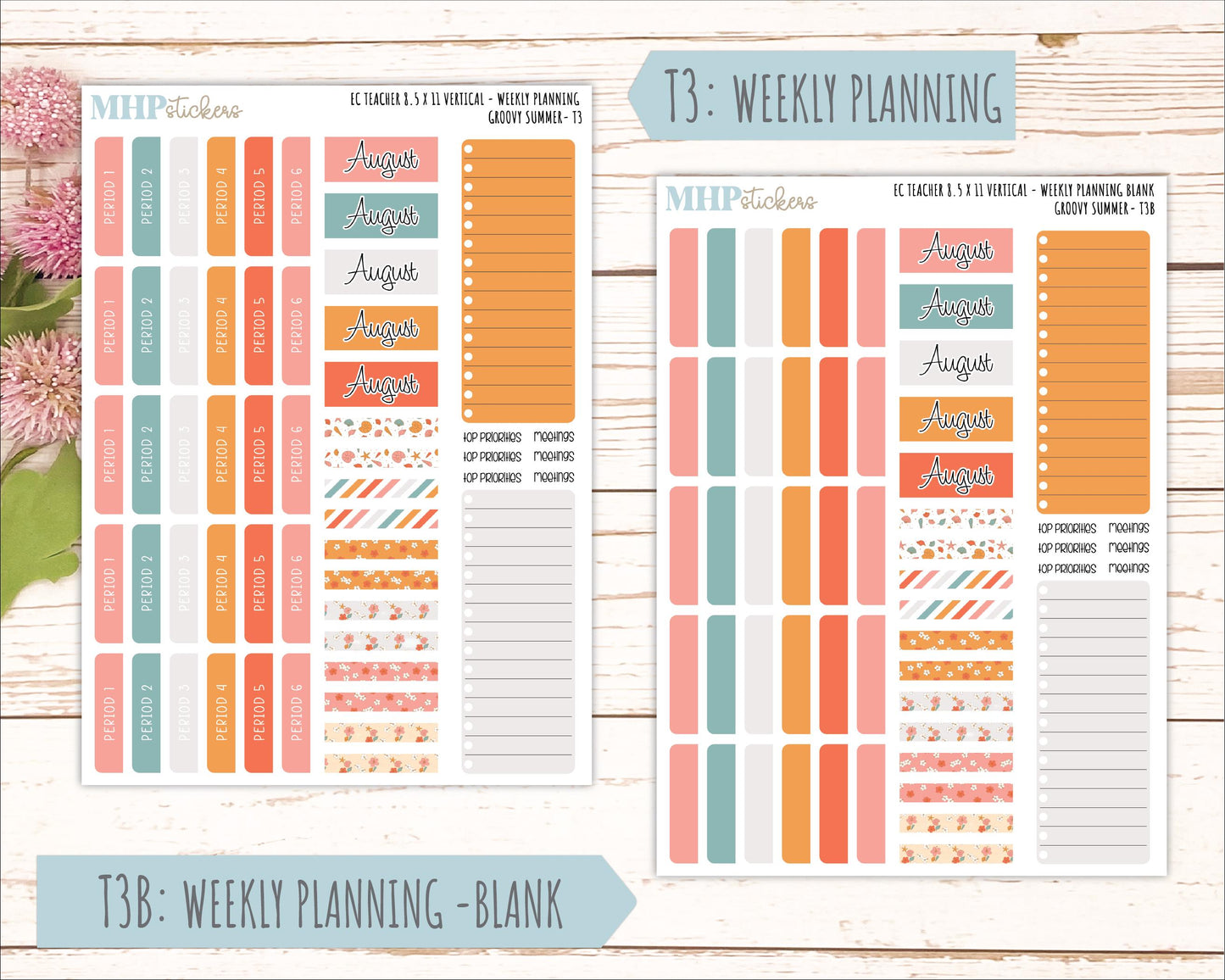 AUGUST Stickers for EC Teacher Lesson Planner - Vertical Layout. 2026 Collection "Groovy Summer" || ECTV