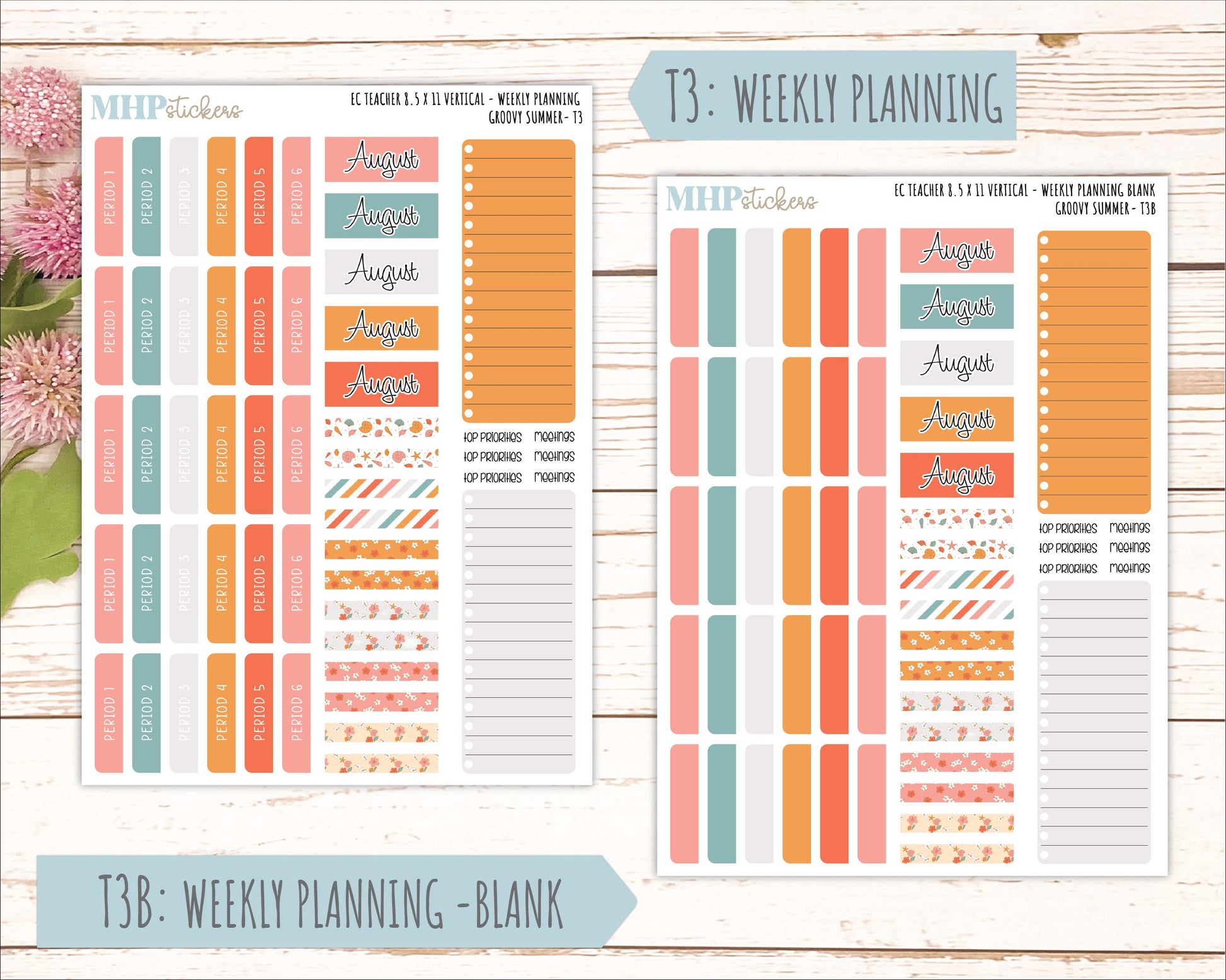 AUGUST Stickers for EC Teacher Lesson Planner - Vertical Layout. 2026 Collection "Groovy Summer" || ECTV